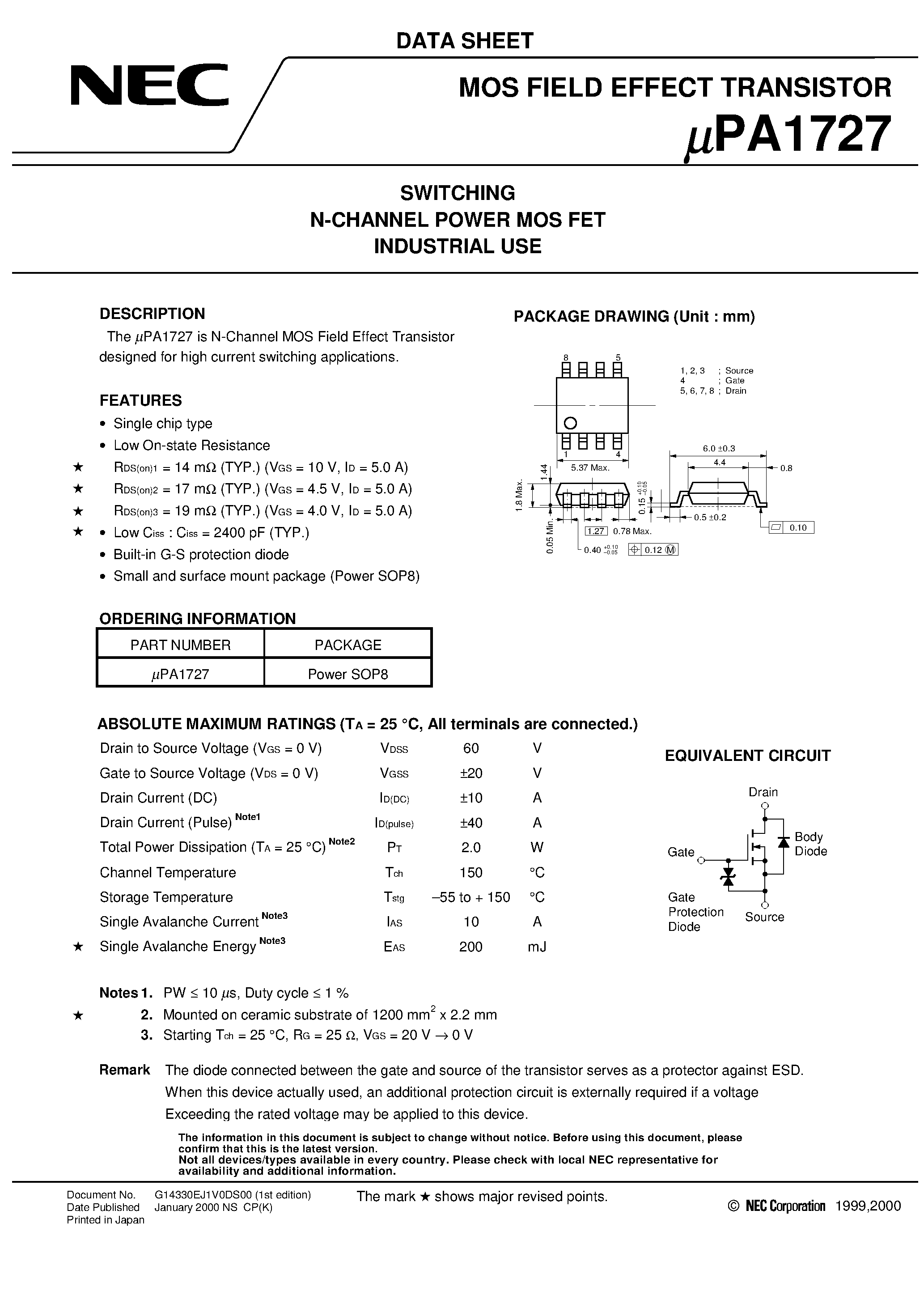 Даташит UPA1727 - SWITCHING N-CHANNEL POWER MOS FET INDUSTRIAL USE страница 1