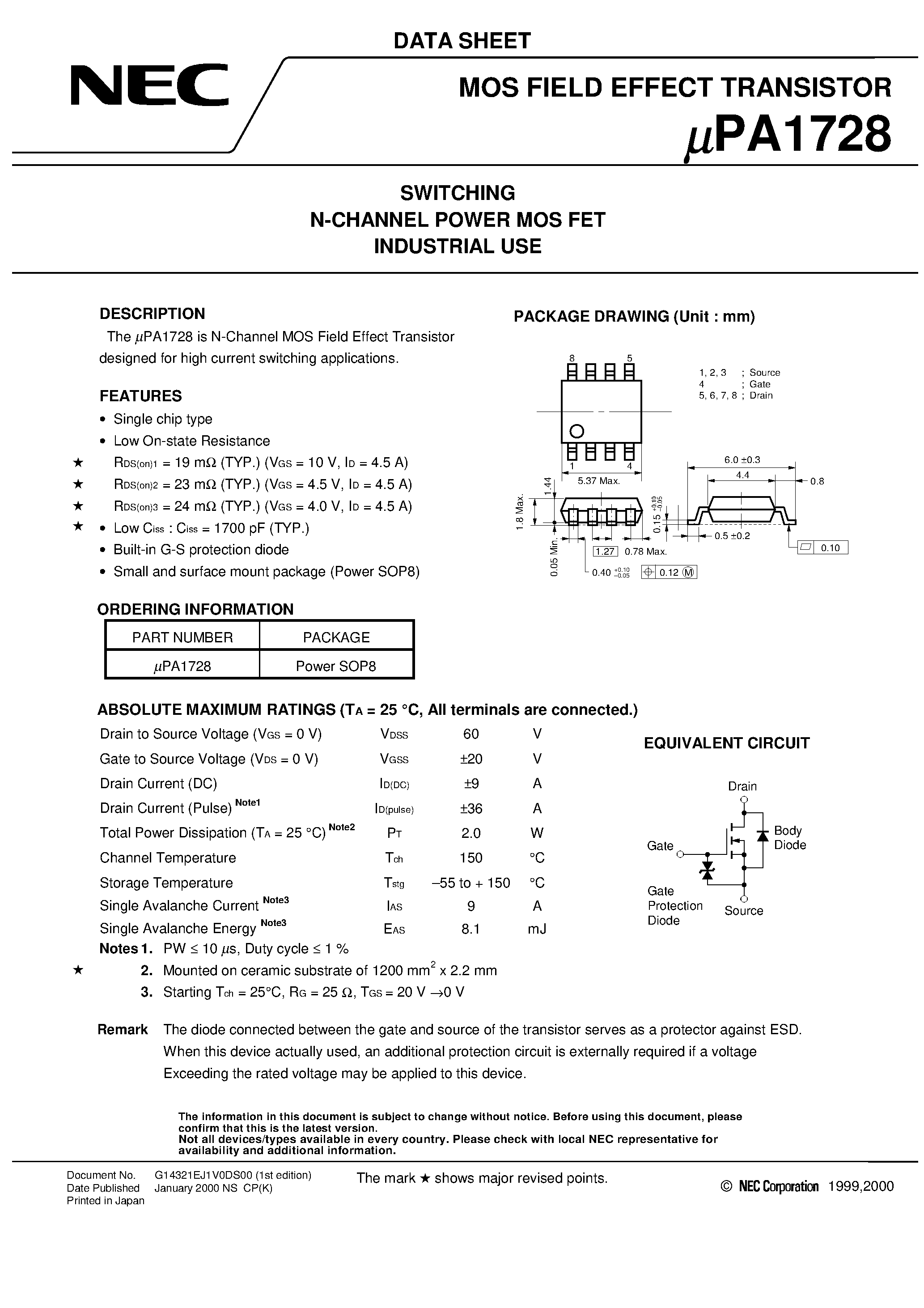 Даташит UPA1728 - SWITCHING N-CHANNEL POWER MOS FET INDUSTRIAL USE страница 1