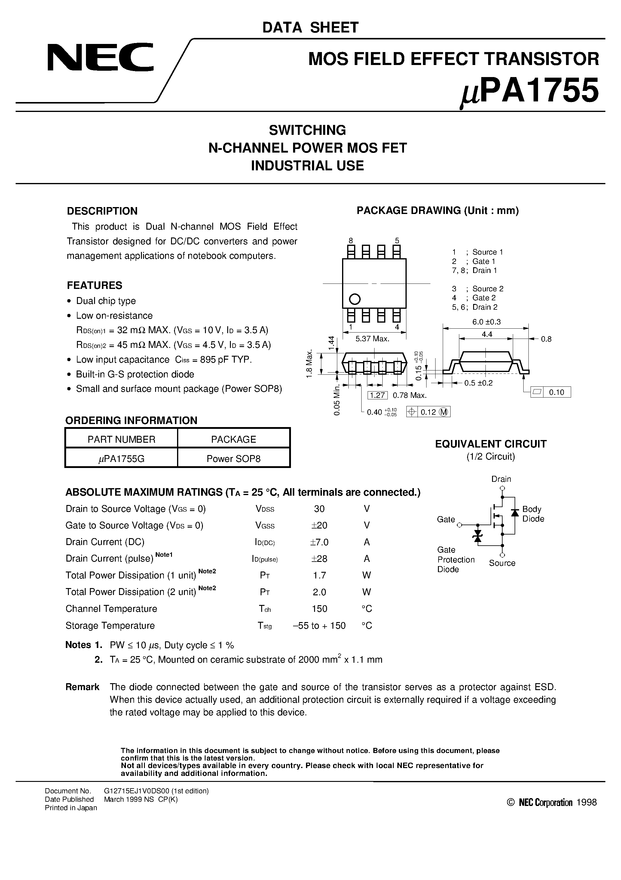 Даташит UPA1755 - SWITCHING N-CHANNEL POWER MOS FET INDUSTRIAL USE страница 1