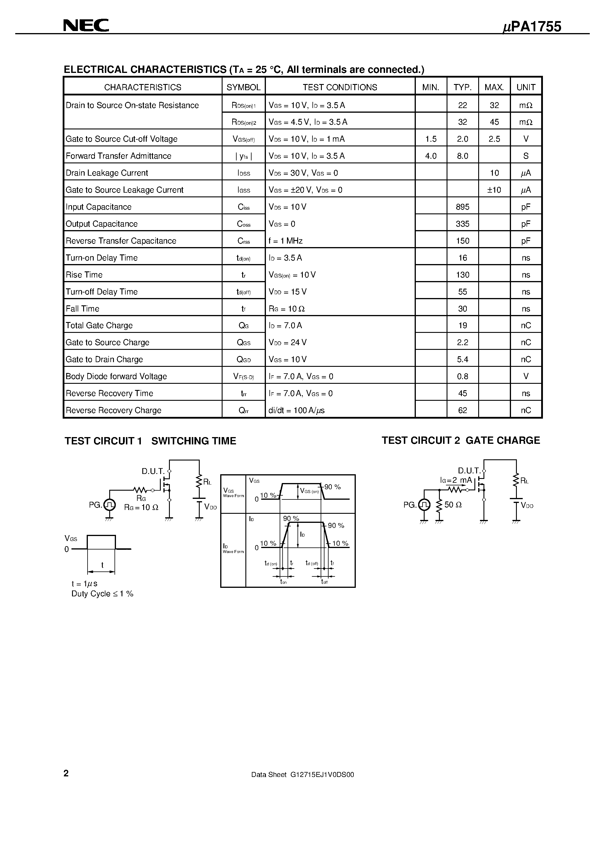 Даташит UPA1755 - SWITCHING N-CHANNEL POWER MOS FET INDUSTRIAL USE страница 2