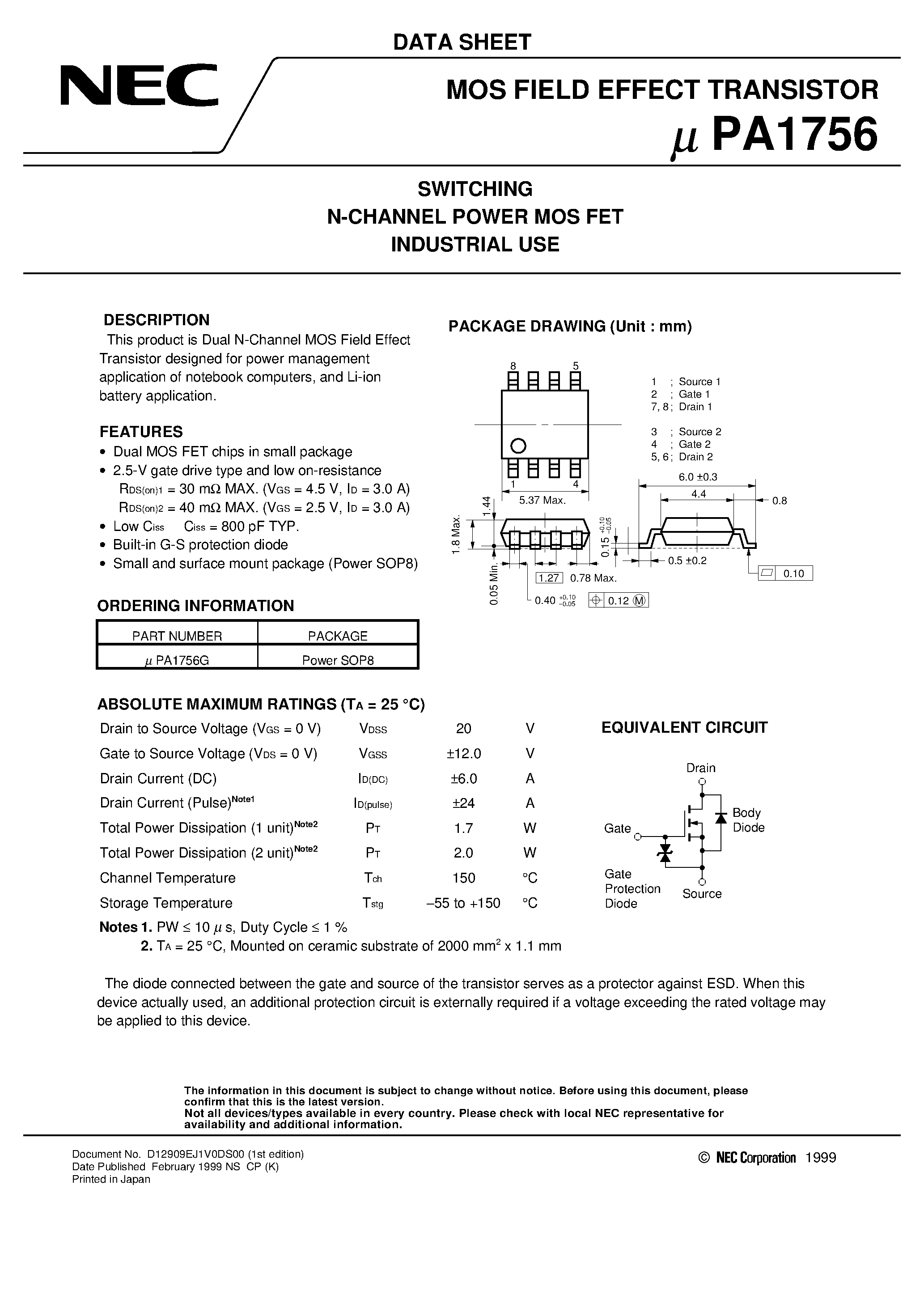 Даташит UPA1756 - SWITCHING N-CHANNEL POWER MOS FET INDUSTRIAL USE страница 1