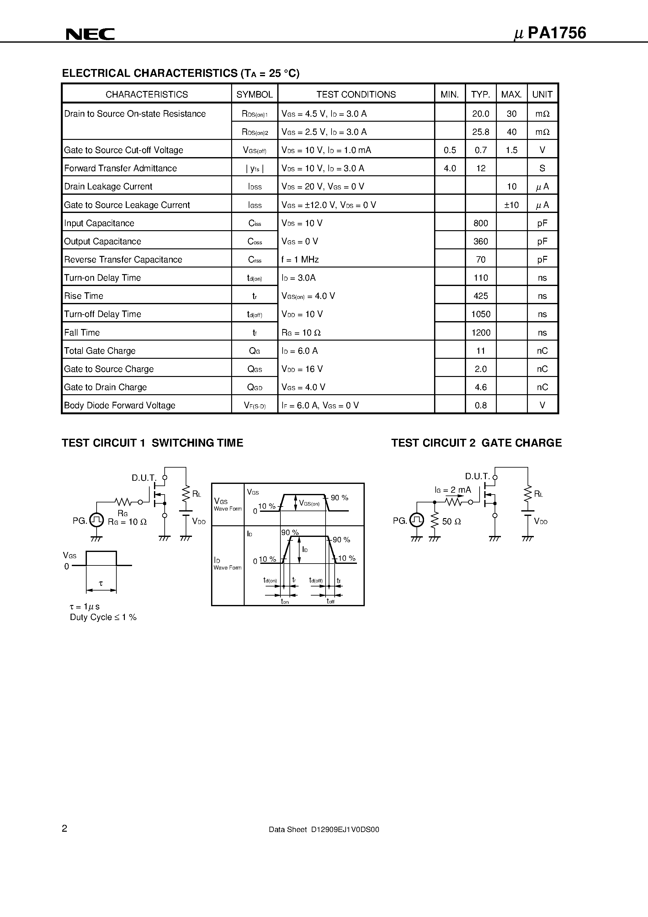 Даташит UPA1756 - SWITCHING N-CHANNEL POWER MOS FET INDUSTRIAL USE страница 2