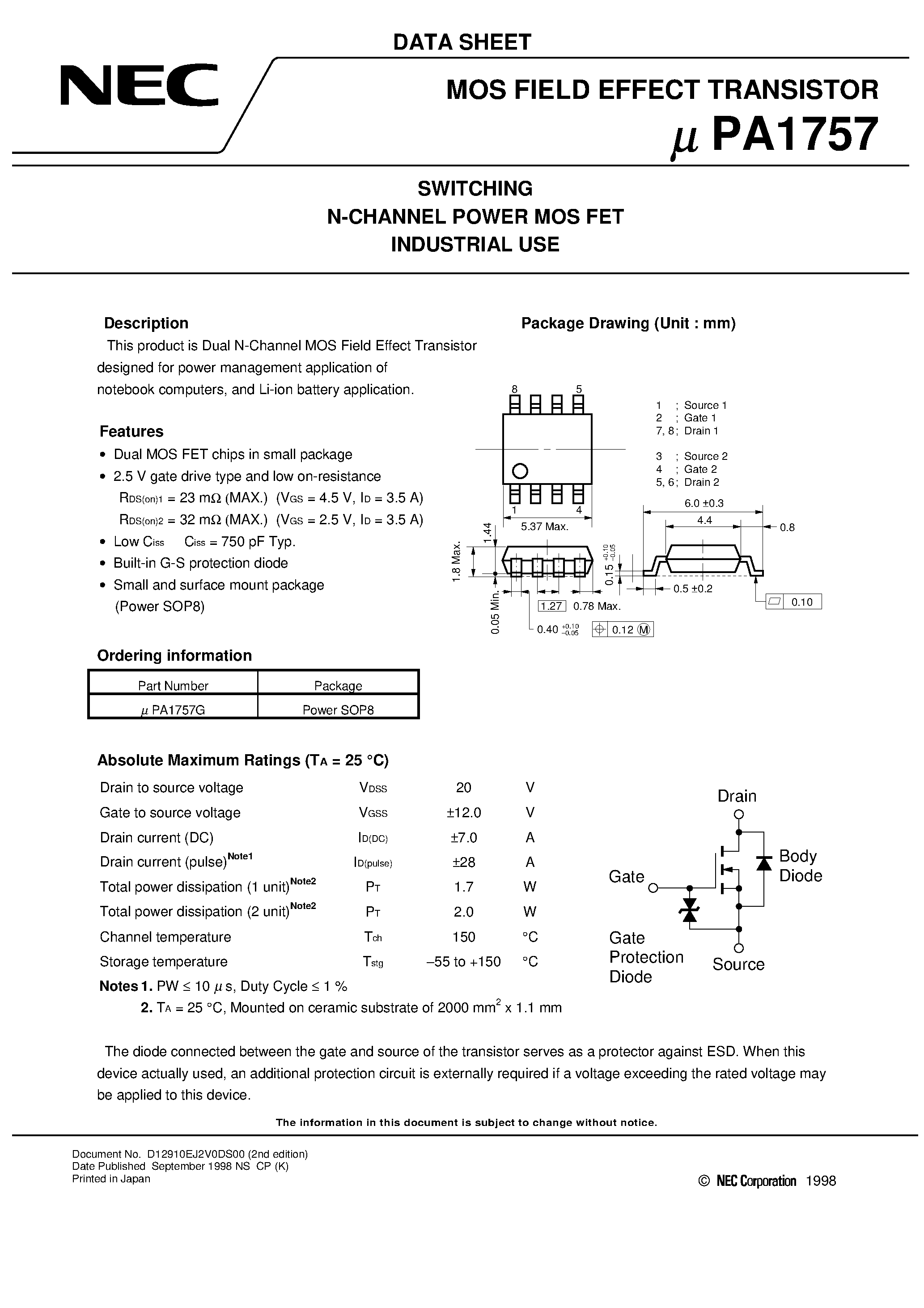 Даташит UPA1757 - SWITCHING N-CHANNEL POWER MOS FET INDUSTRIAL USE страница 1