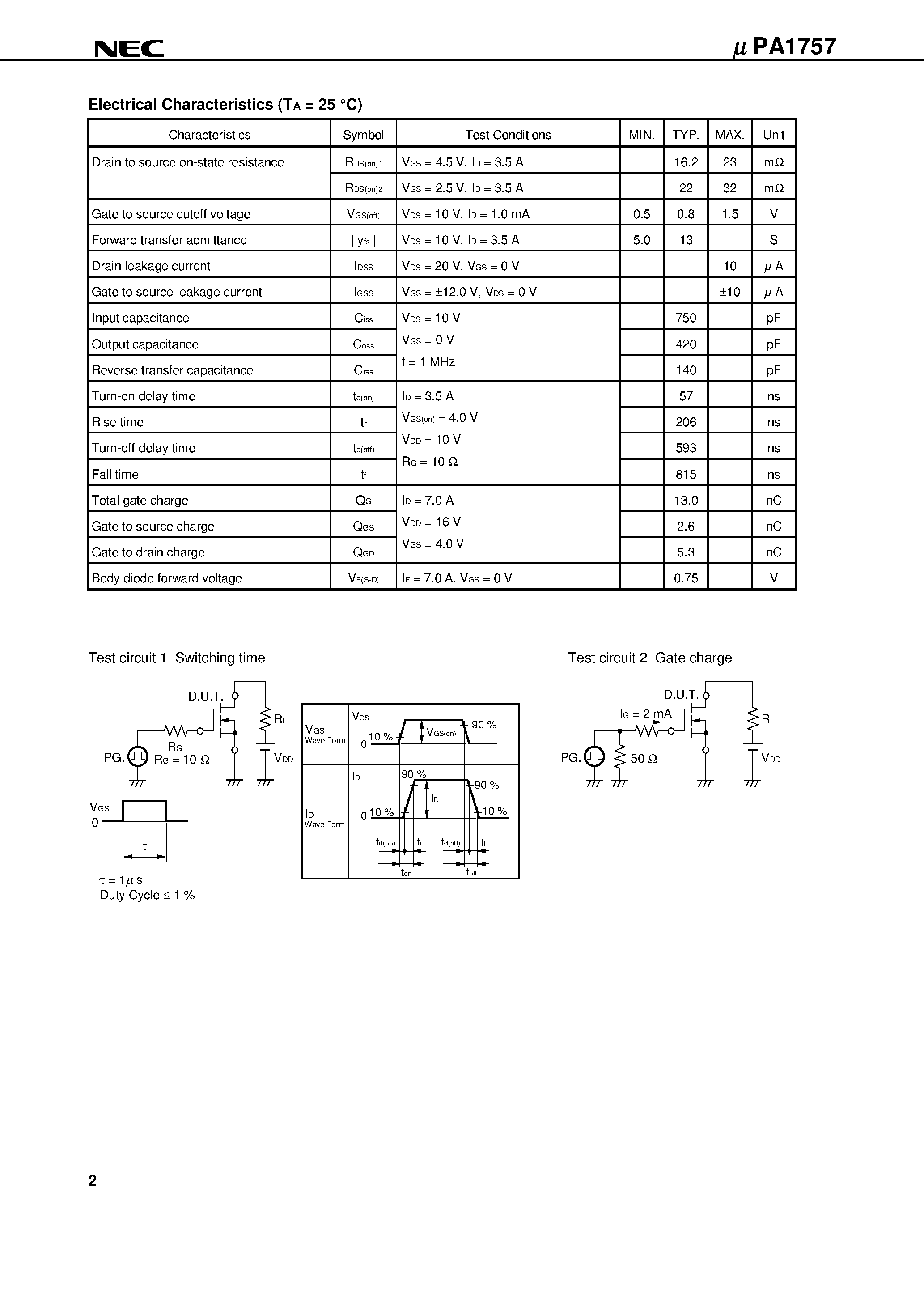 Даташит UPA1757 - SWITCHING N-CHANNEL POWER MOS FET INDUSTRIAL USE страница 2