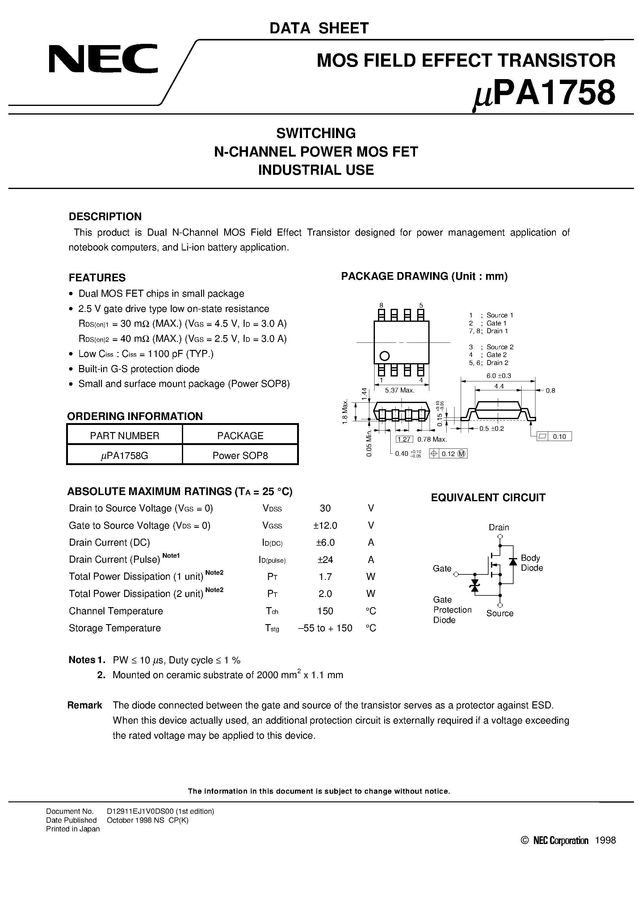 Даташит UPA1758 - SWITCHING N-CHANNEL POWER MOS FET INDUSTRIAL USE страница 1