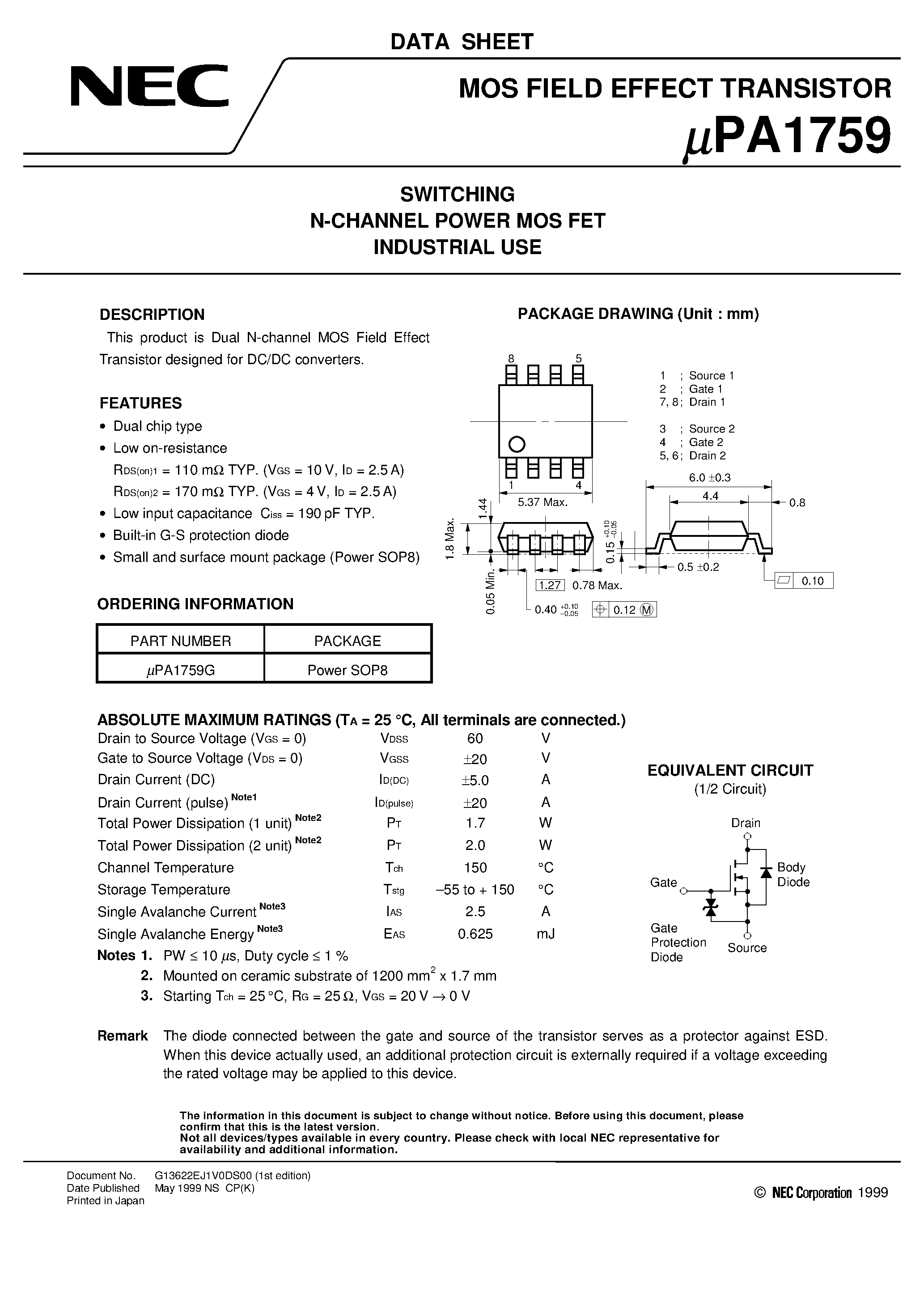 Даташит UPA1759 - SWITCHING N-CHANNEL POWER MOS FET INDUSTRIAL USE страница 1