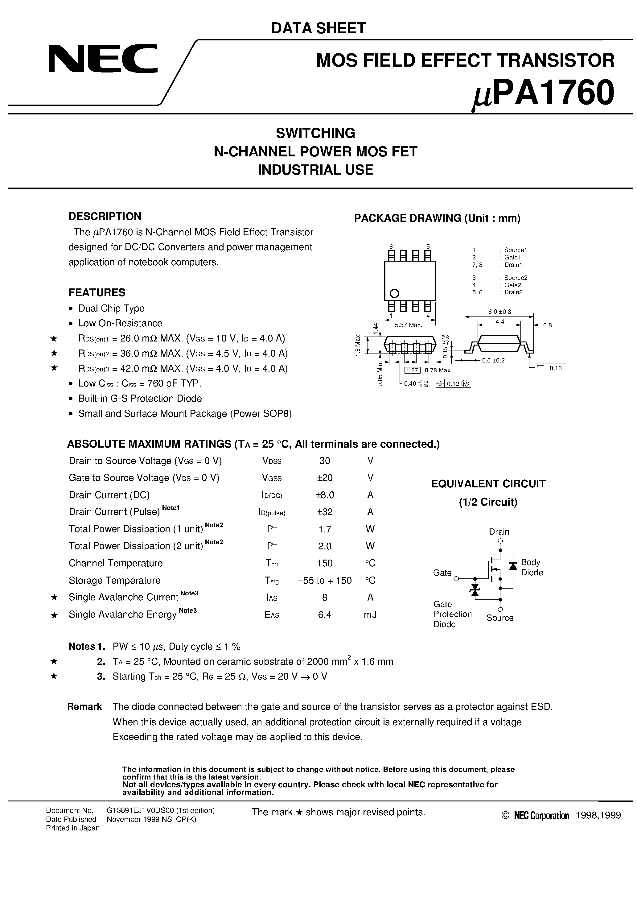 Даташит UPA1760 - SWITCHING N-CHANNEL POWER MOS FET INDUSTRIAL USE страница 1