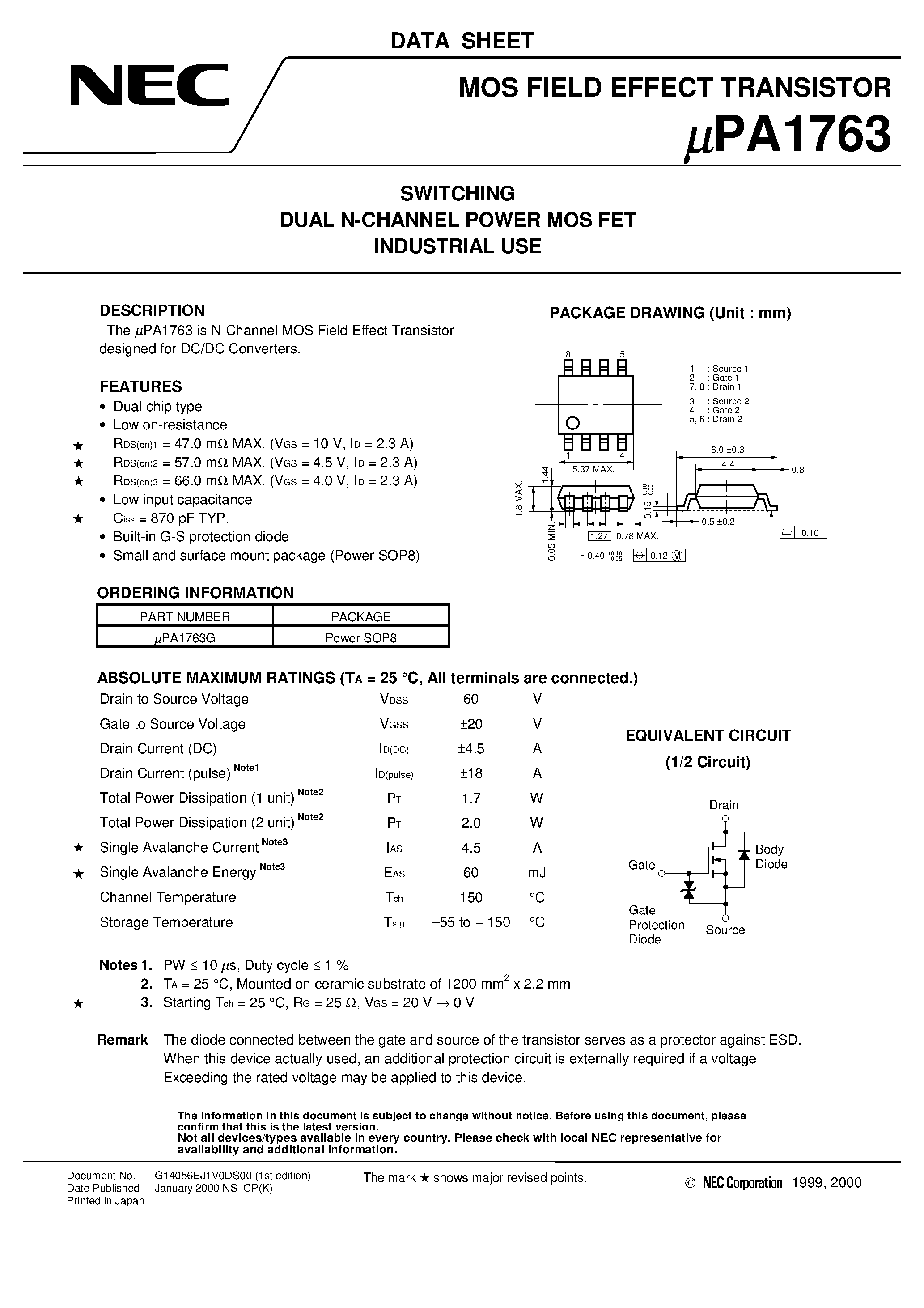 Даташит UPA1763 - SWITCHING DUAL N-CHANNEL POWER MOS FET INDUSTRIAL USE страница 1