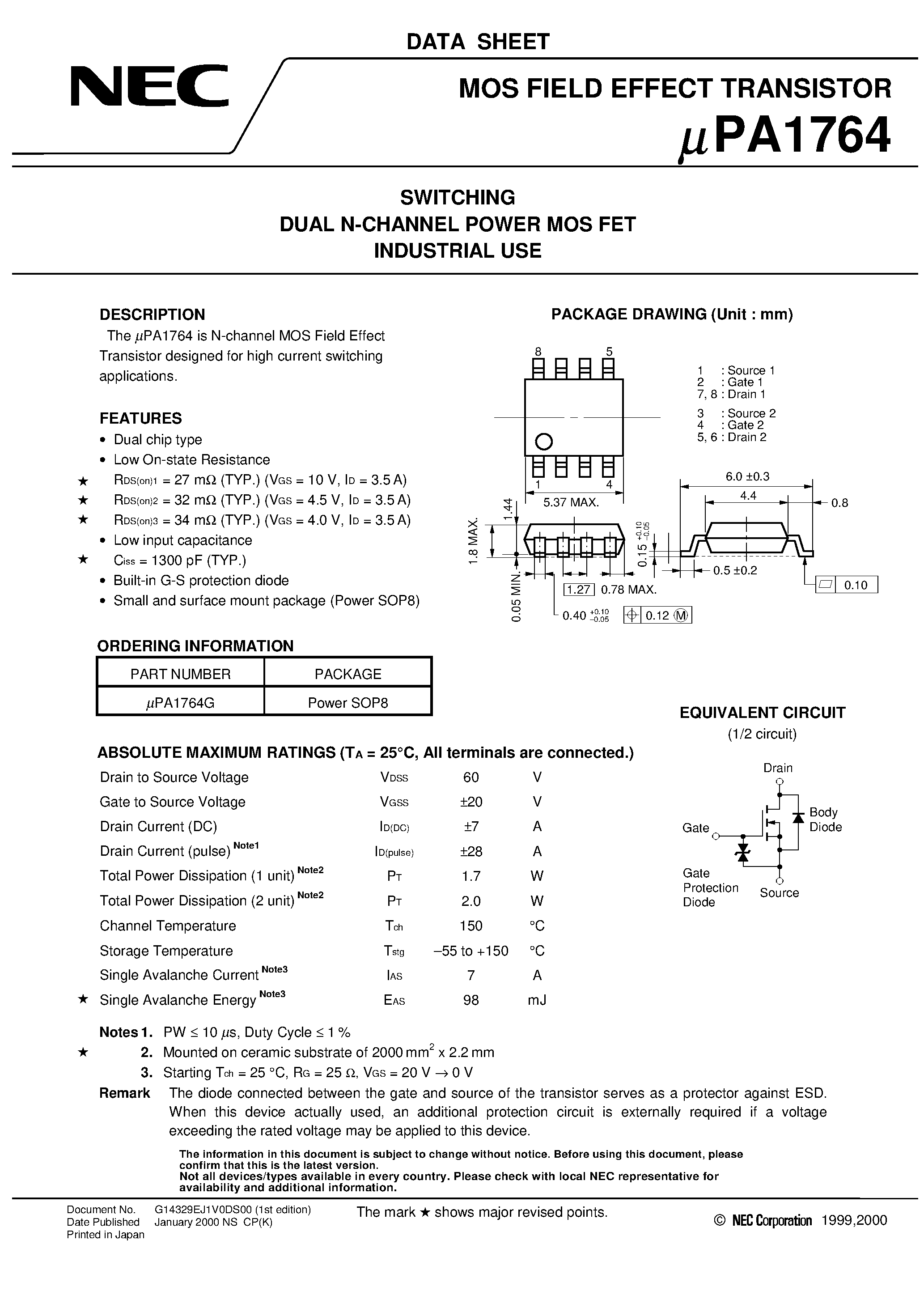 Даташит UPA1764 - SWITCHING DUAL N-CHANNEL POWER MOS FET INDUSTRIAL USE страница 1