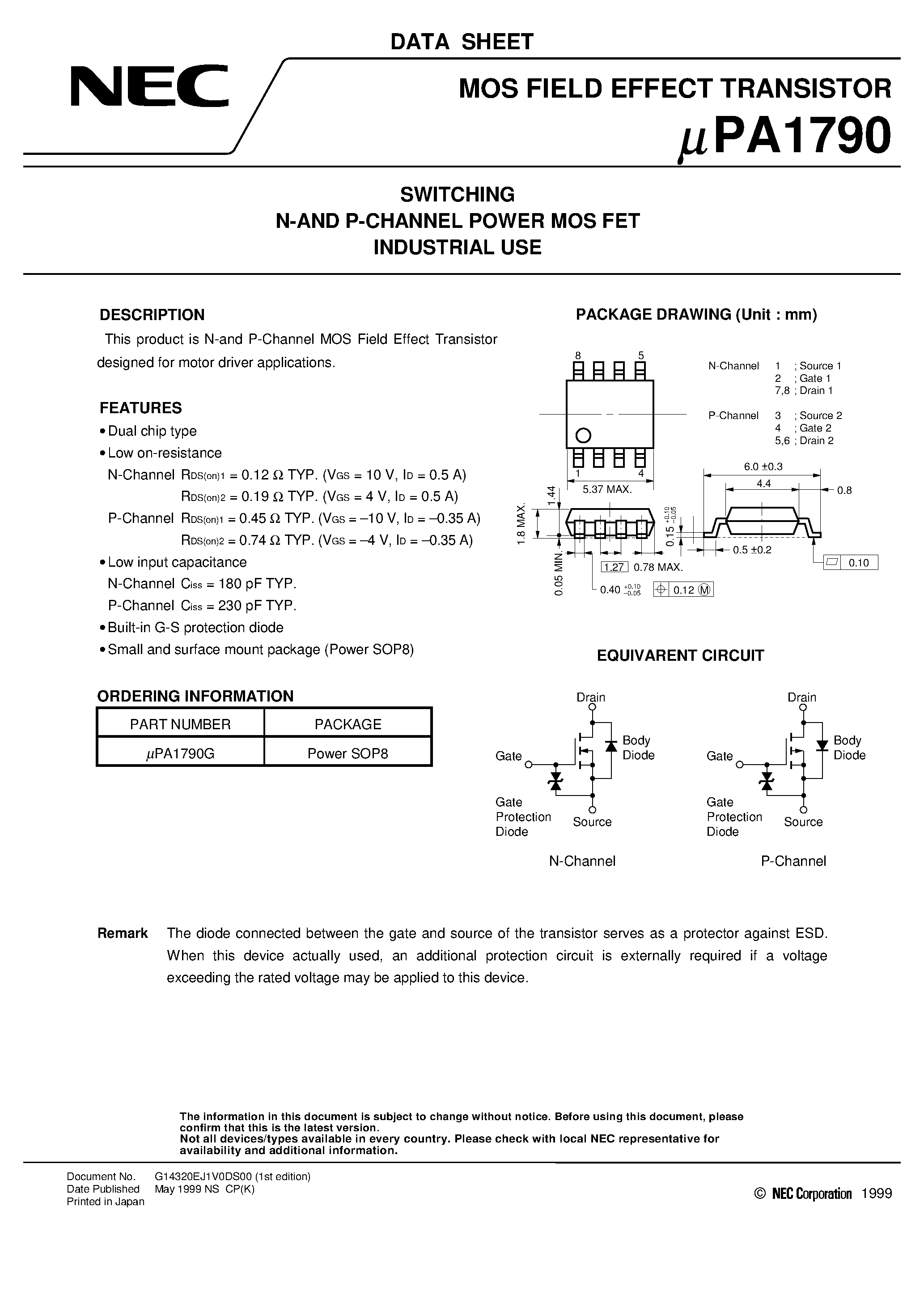 Даташит UPA1790 - SWITCHING N-AND P-CHANNEL POWER MOS FET INDUSTRIAL USE страница 1