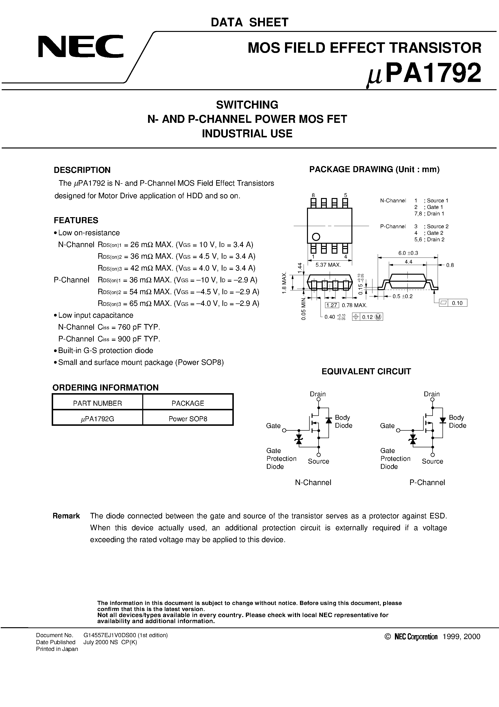 Даташит UPA1792 - SWITCHING N- AND P-CHANNEL POWER MOS FET INDUSTRIAL USE страница 1