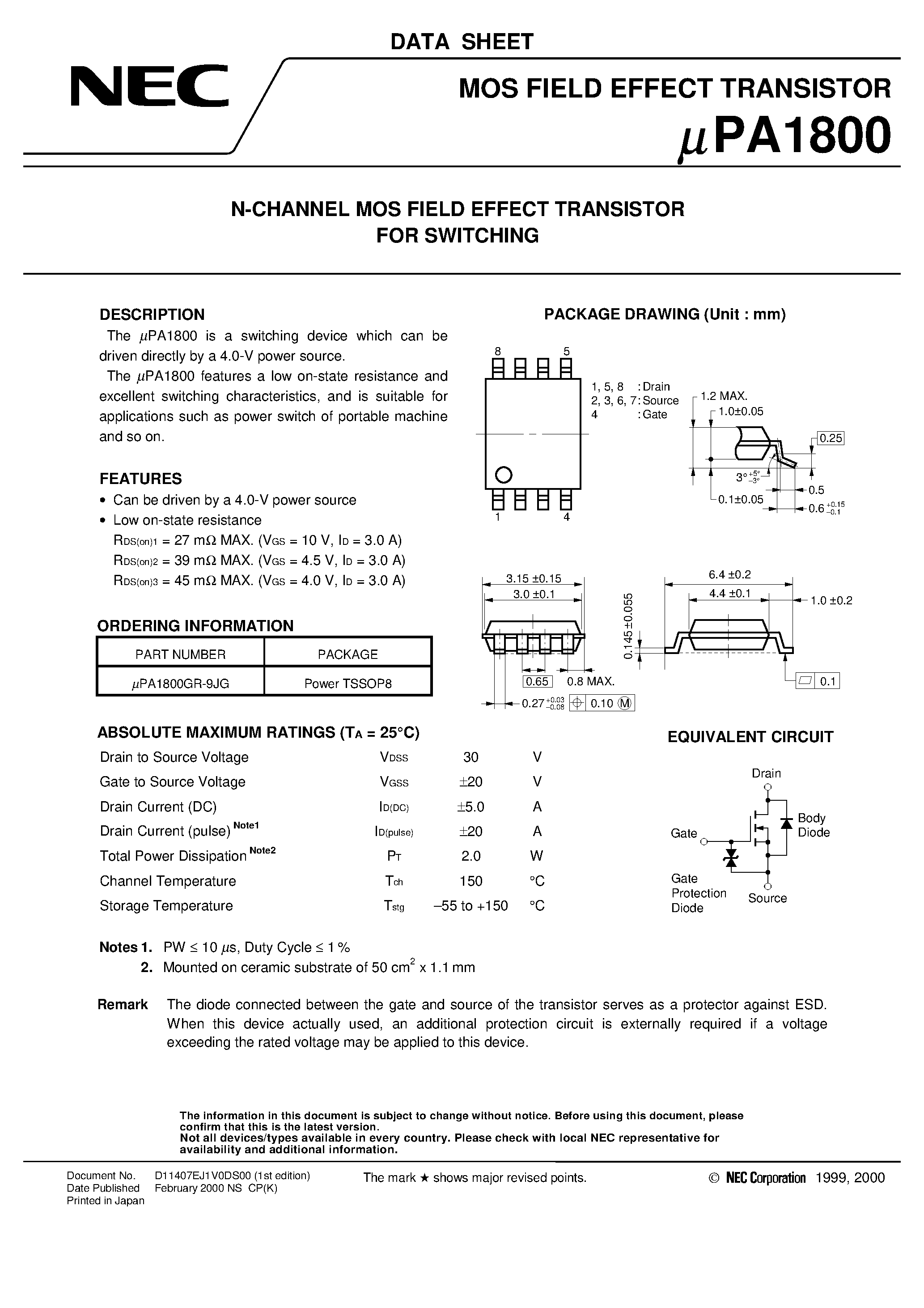 Даташит UPA1800 - N-CHANNEL MOS FIELD EFFECT TRANSISTOR FOR SWITCHING страница 1