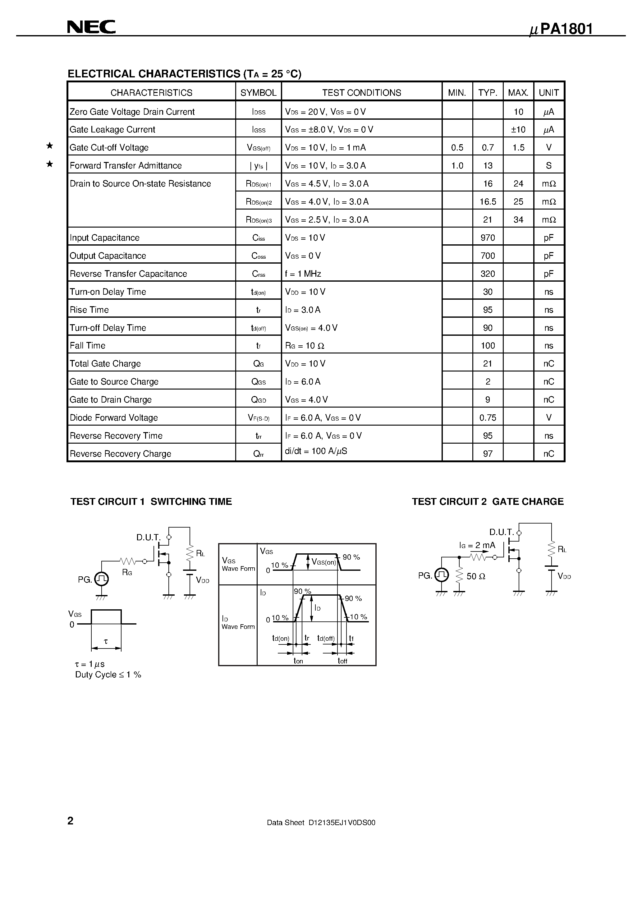 Даташит UPA1801 - N-CHANNEL MOS FIELD EFFECT TRANSISTOR FOR SWITCHING страница 2