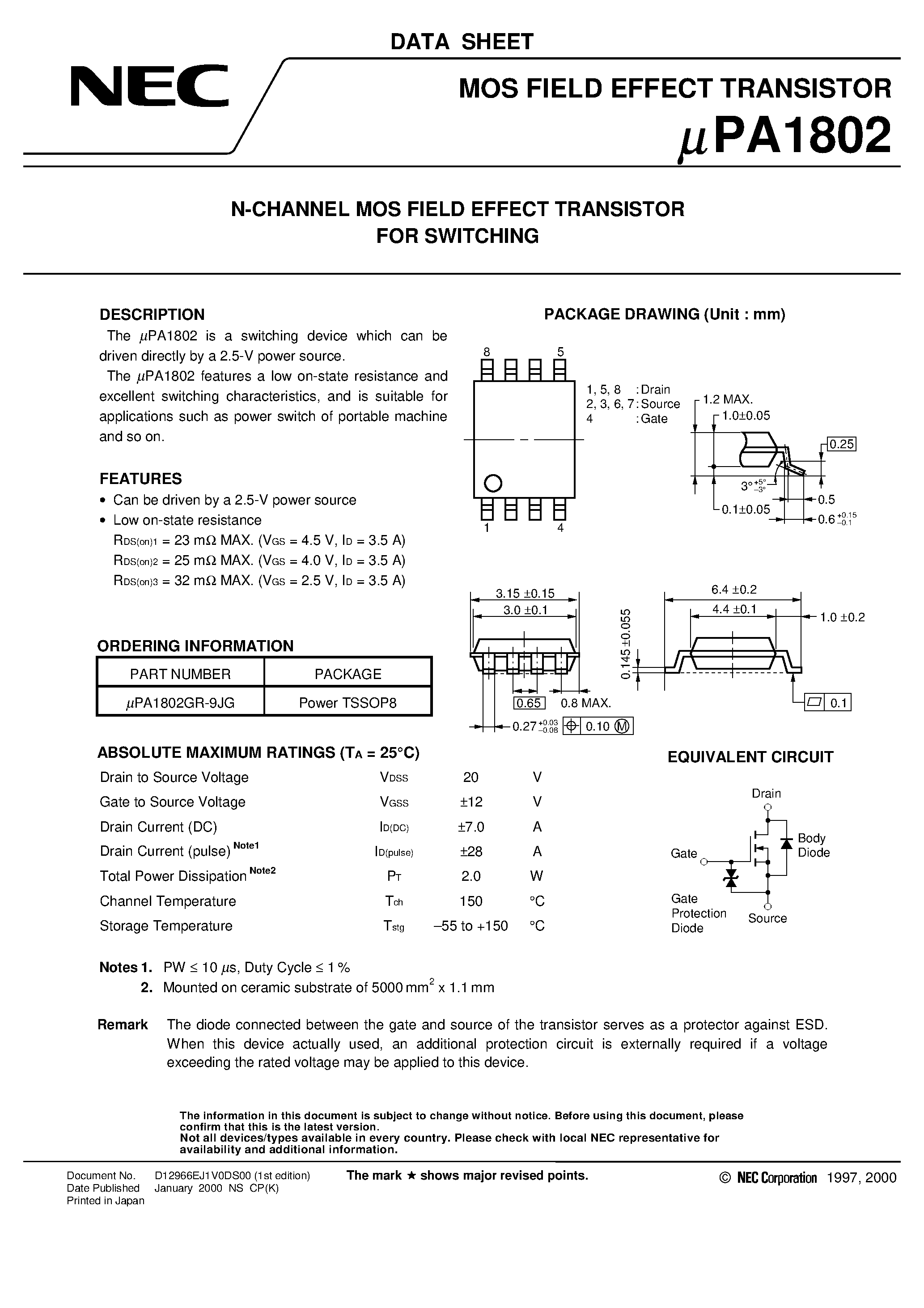 Даташит UPA1802 - N-CHANNEL MOS FIELD EFFECT TRANSISTOR FOR SWITCHING страница 1