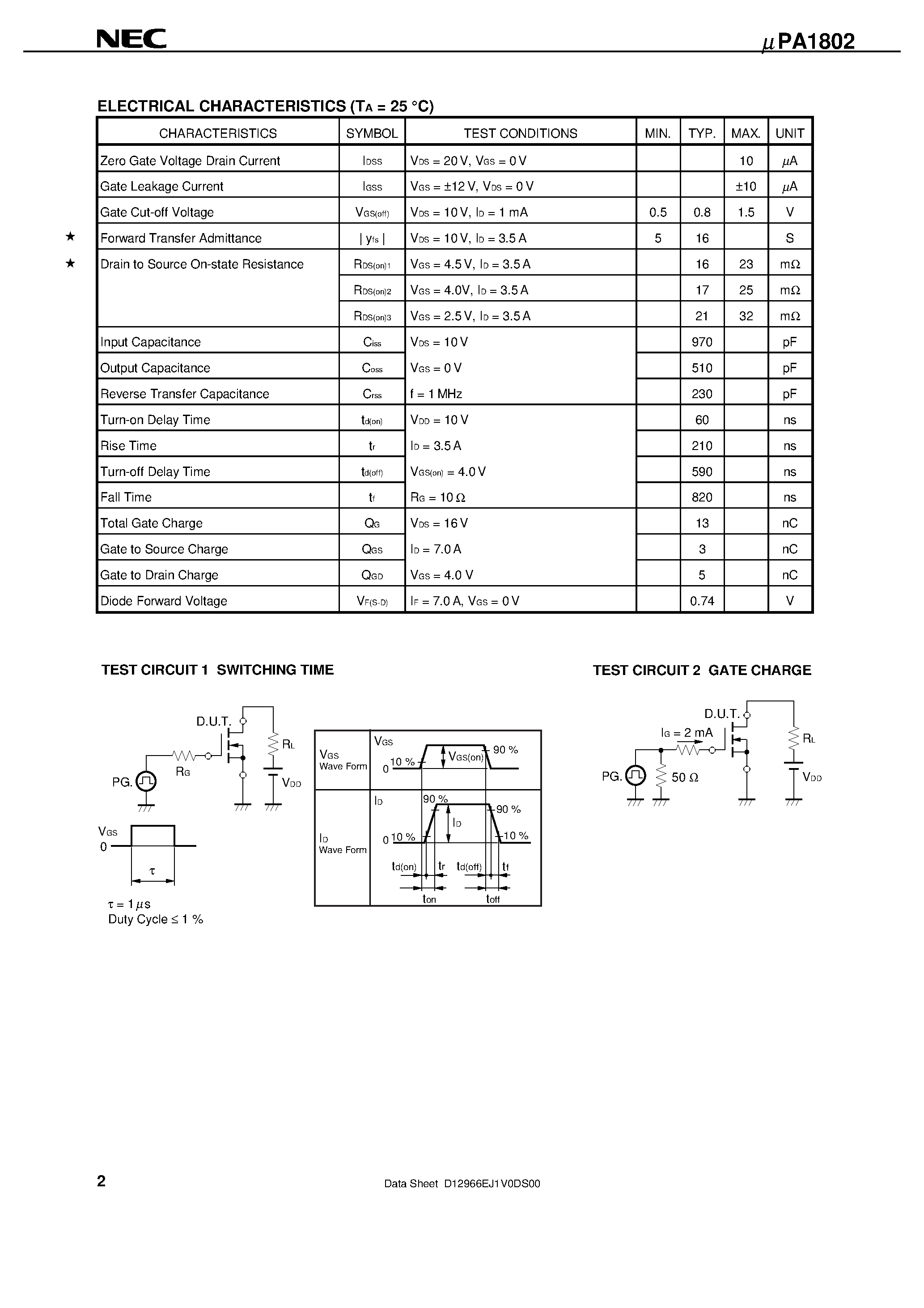 Даташит UPA1802 - N-CHANNEL MOS FIELD EFFECT TRANSISTOR FOR SWITCHING страница 2