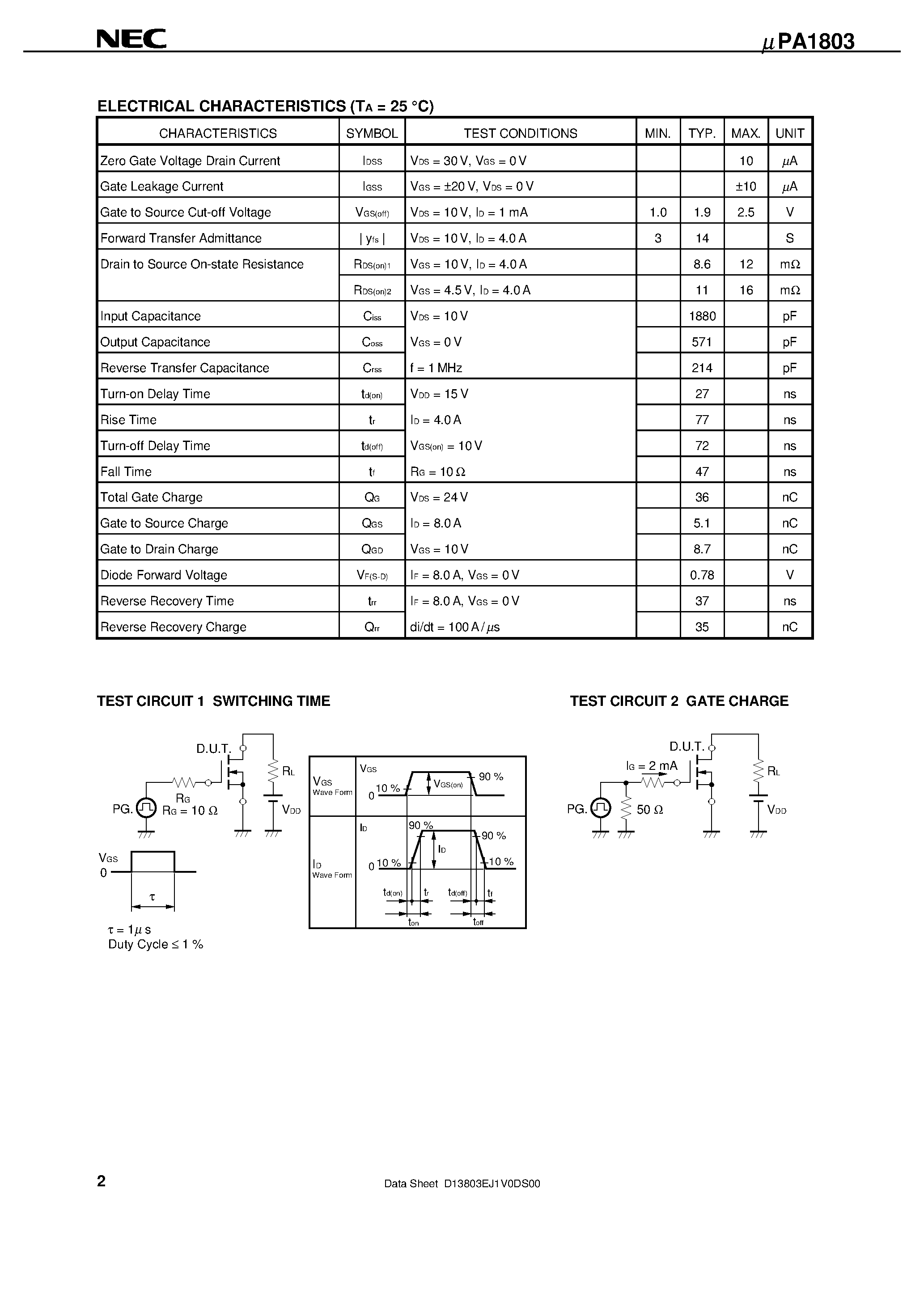 Даташит UPA1803 - N-CHANNEL MOS FIELD EFFECT TRANSISTOR FOR SWITCHING страница 2