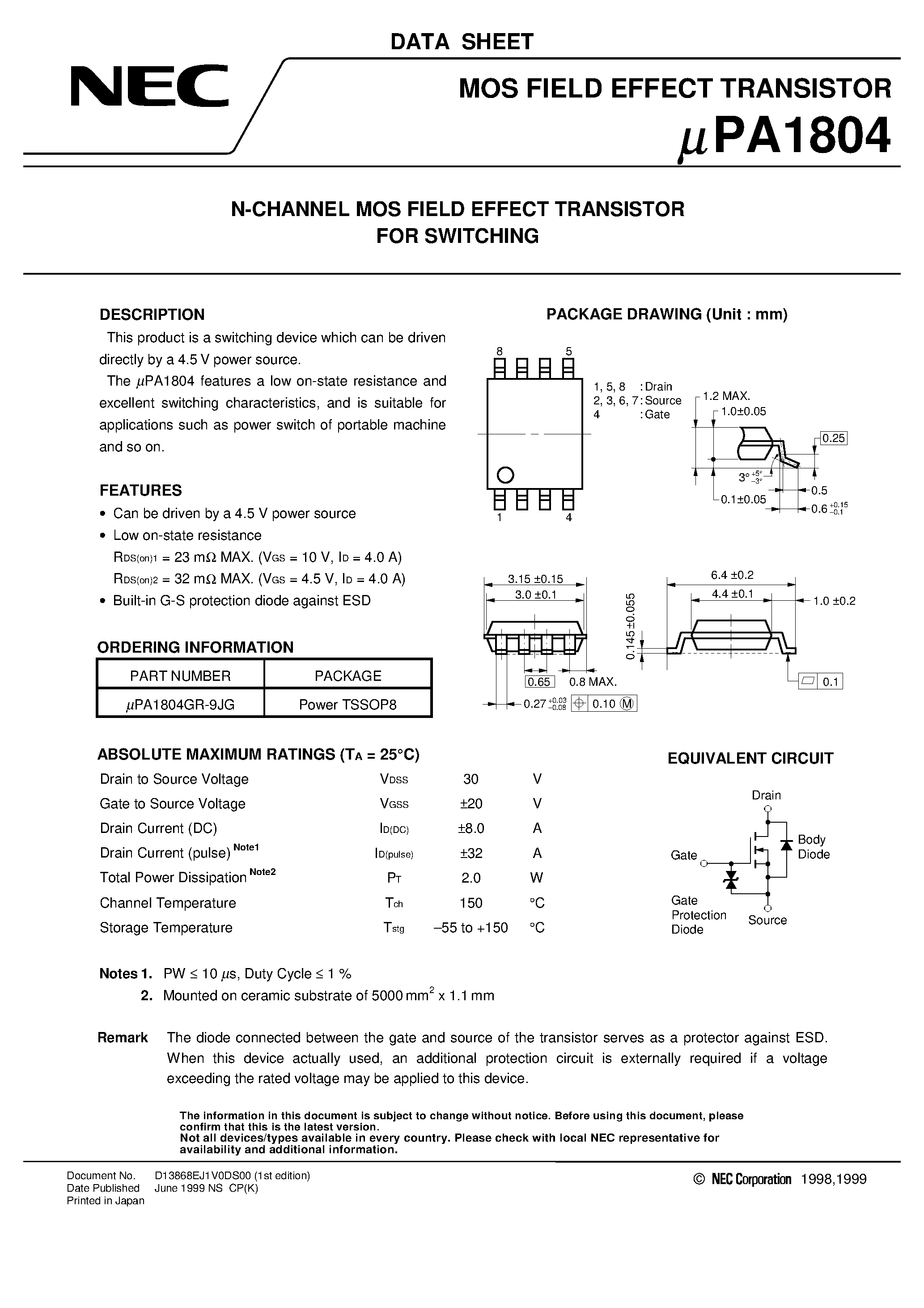 Даташит UPA1804 - N-CHANNEL MOS FIELD EFFECT TRANSISTOR FOR SWITCHING страница 1