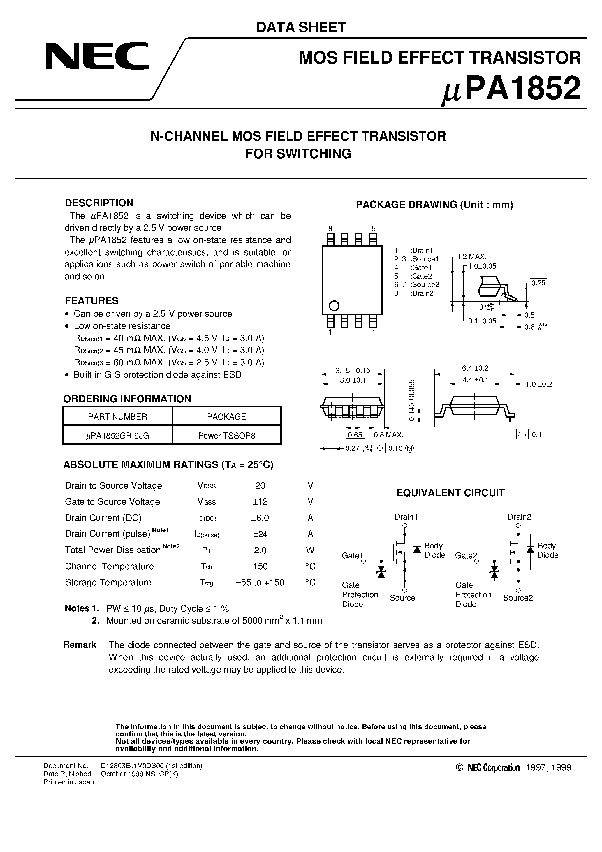 Даташит UPA1852 - N-CHANNEL MOS FIELD EFFECT TRANSISTOR FOR SWITCHING страница 1