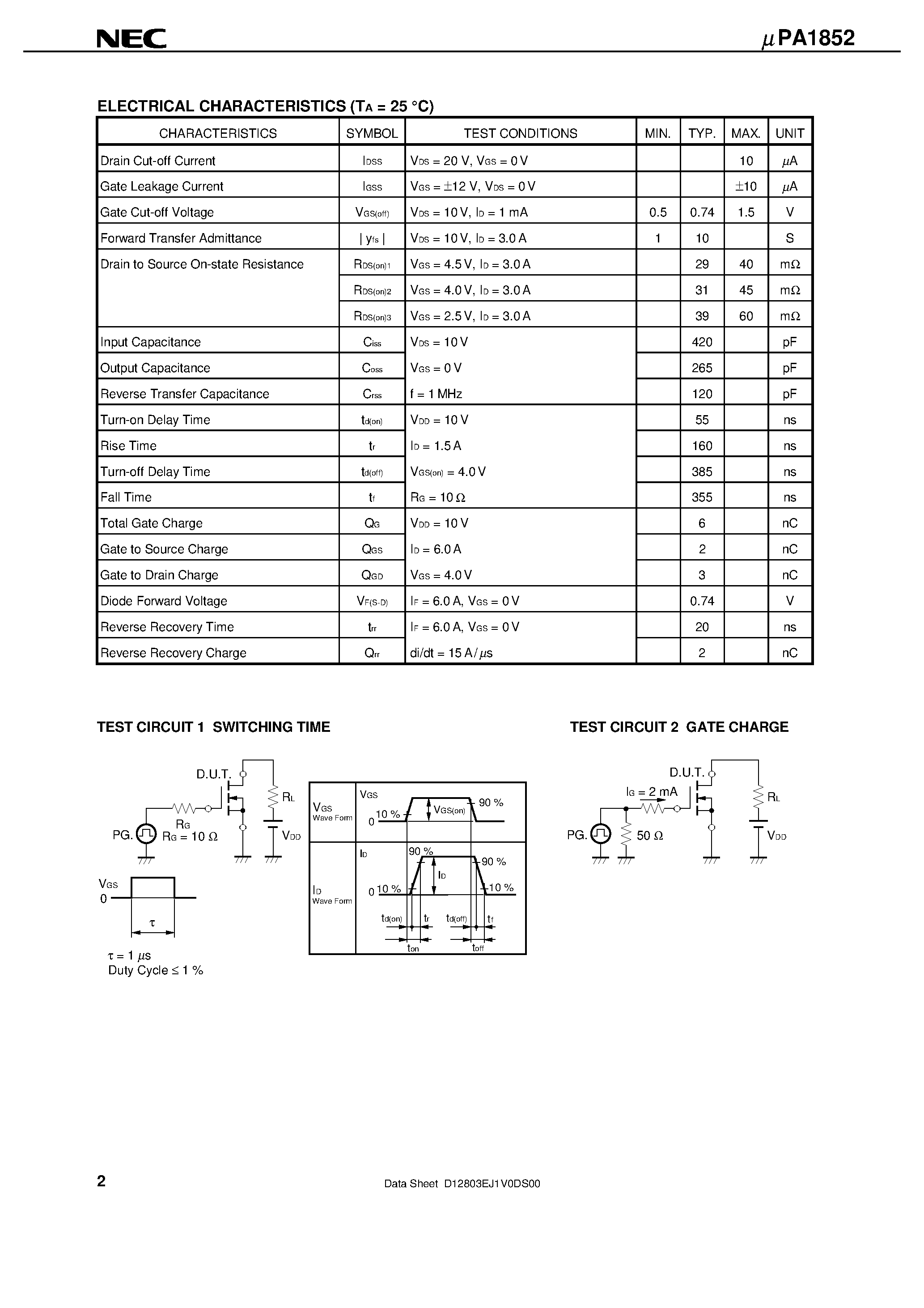 Даташит UPA1852 - N-CHANNEL MOS FIELD EFFECT TRANSISTOR FOR SWITCHING страница 2