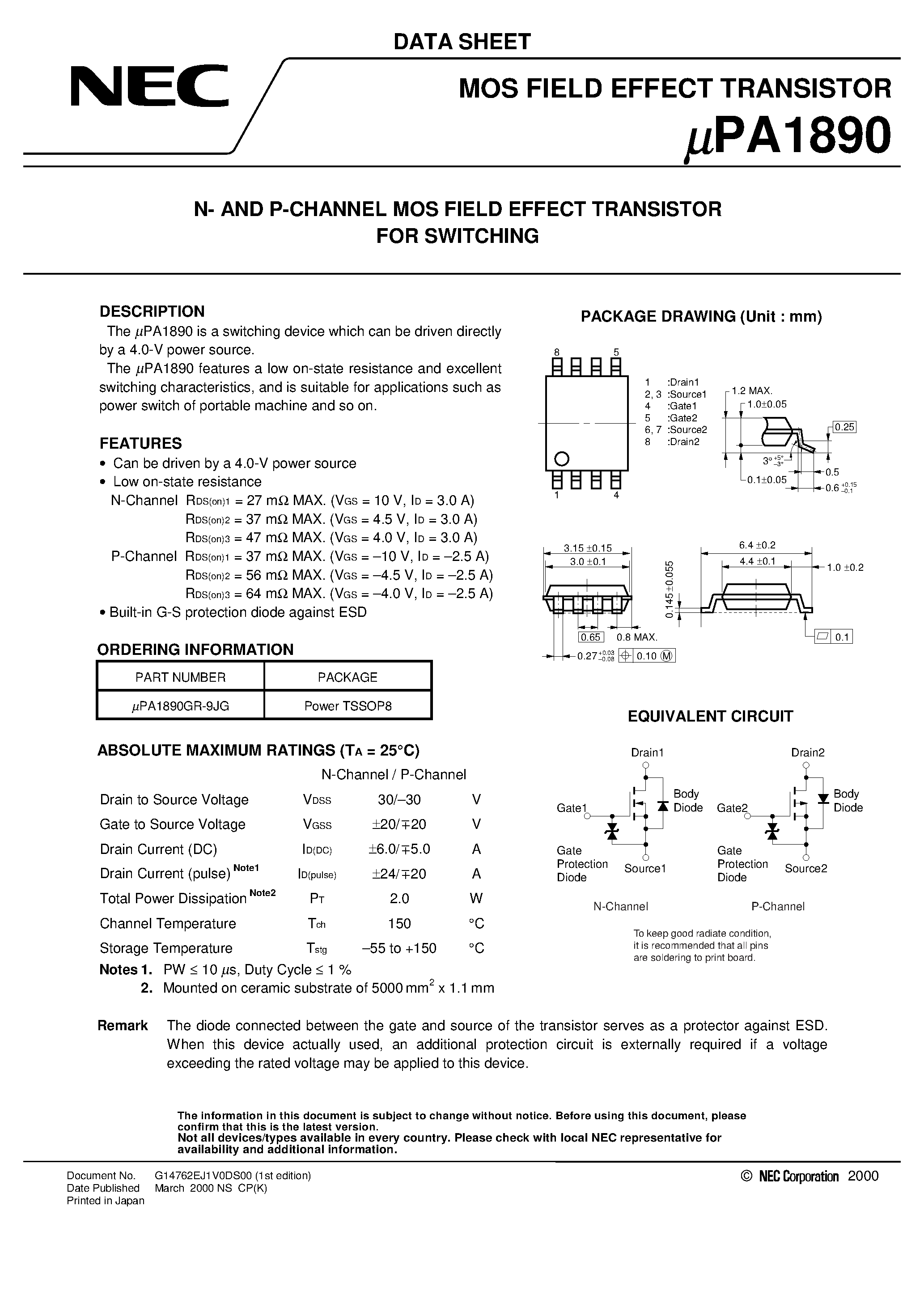 Даташит UPA1890 - N- AND P-CHANNEL MOS FIELD EFFECT TRANSISTOR FOR SWITCHING страница 1