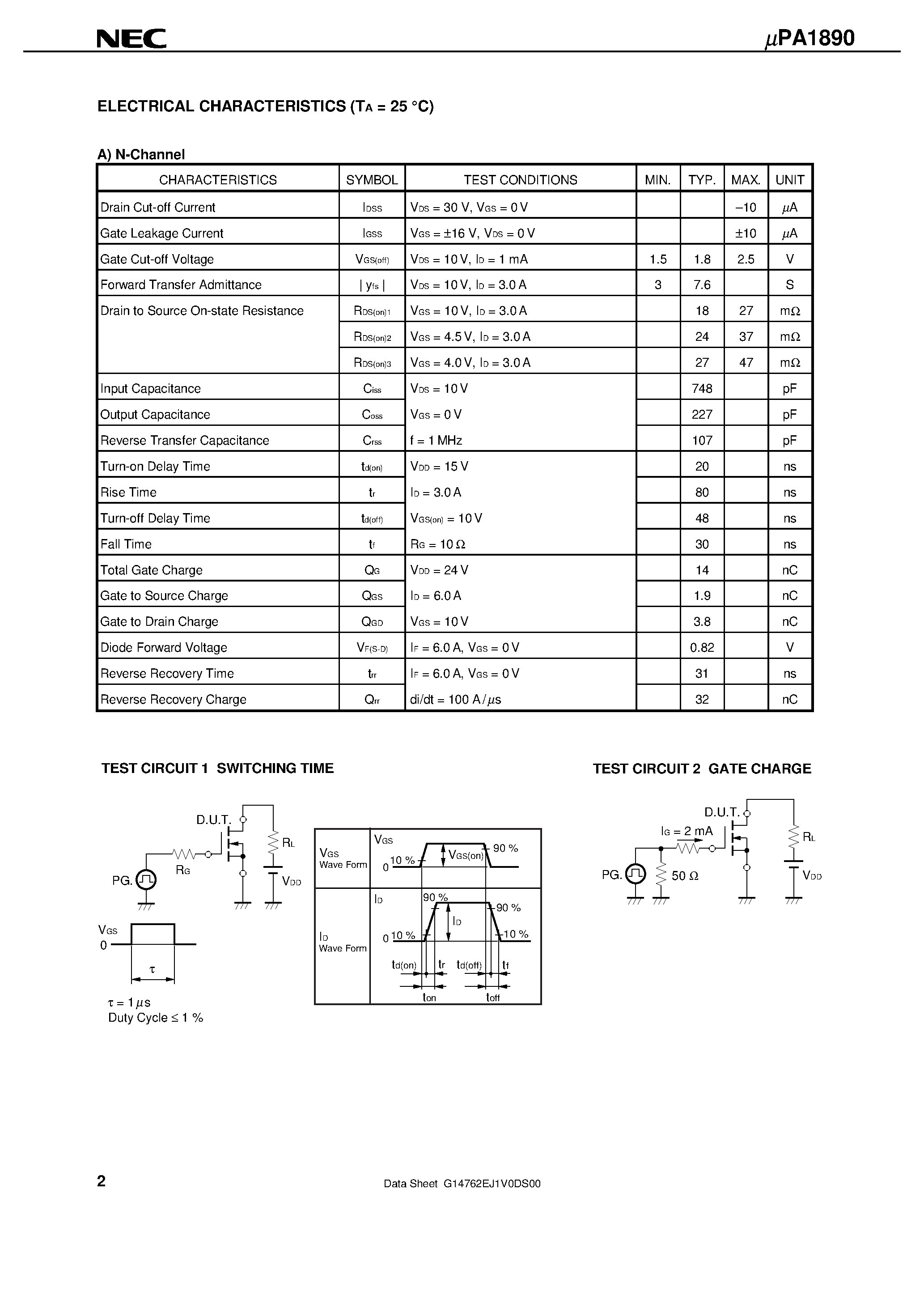 Даташит UPA1890 - N- AND P-CHANNEL MOS FIELD EFFECT TRANSISTOR FOR SWITCHING страница 2