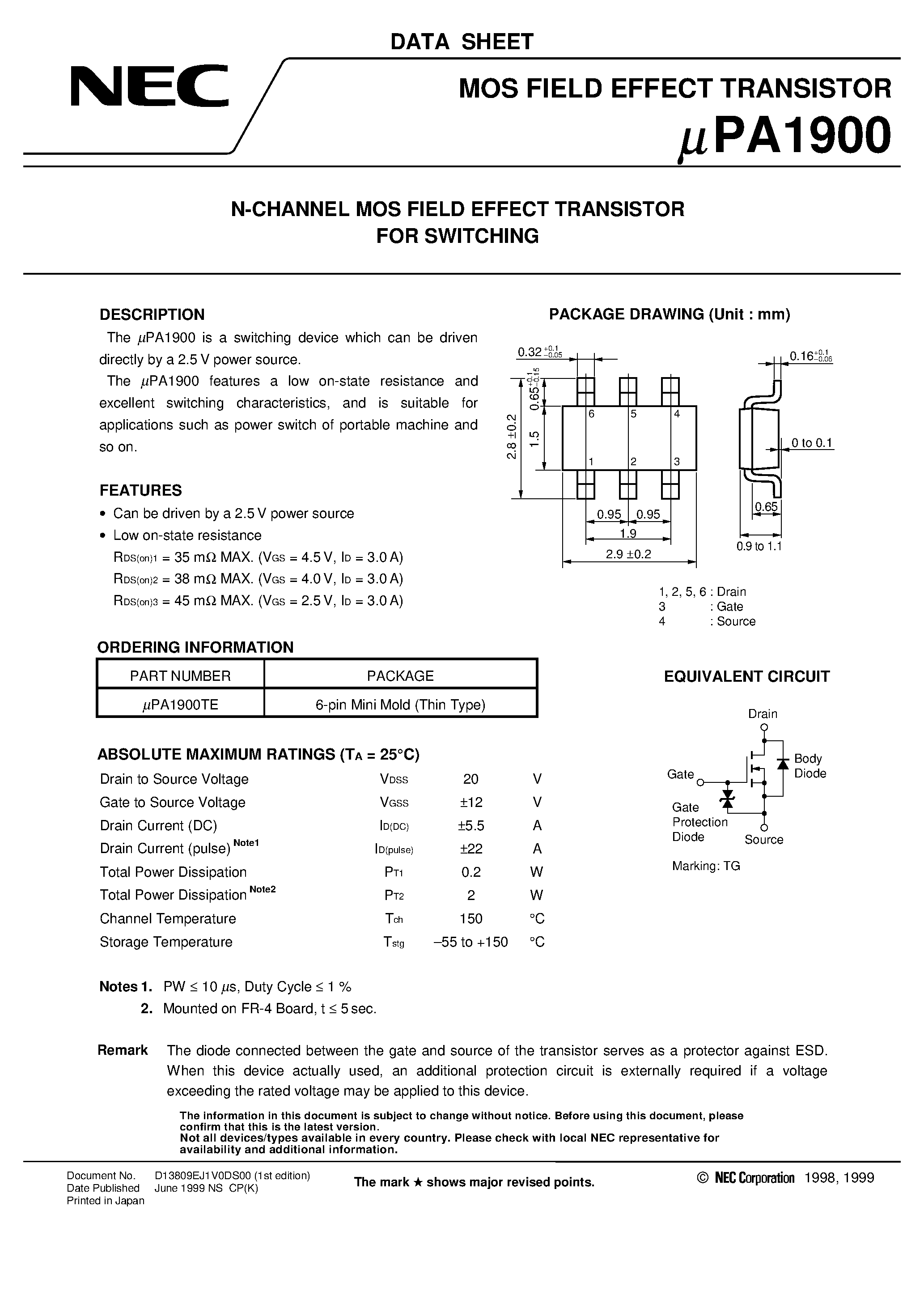 Даташит UPA1900 - N-CHANNEL MOS FIELD EFFECT TRANSISTOR FOR SWITCHING страница 1