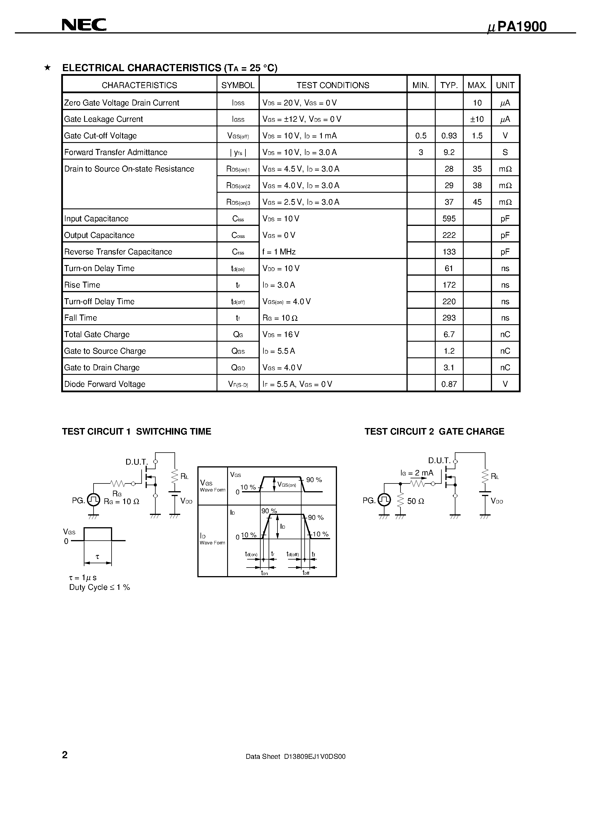 Даташит UPA1900 - N-CHANNEL MOS FIELD EFFECT TRANSISTOR FOR SWITCHING страница 2