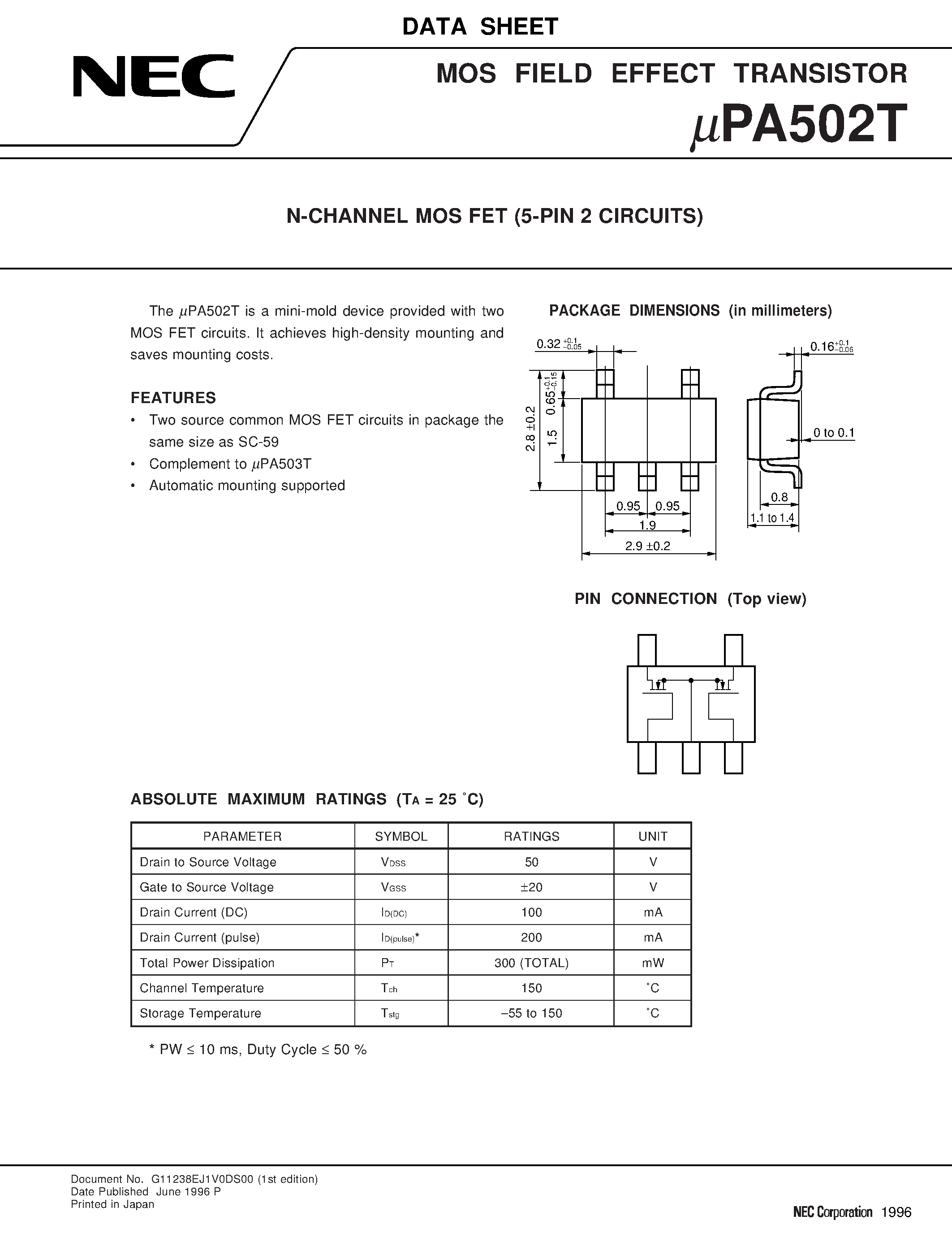 Даташит UPA502T - N-CHANNEL MOS FET 5-PIN 2 CIRCUITS страница 1