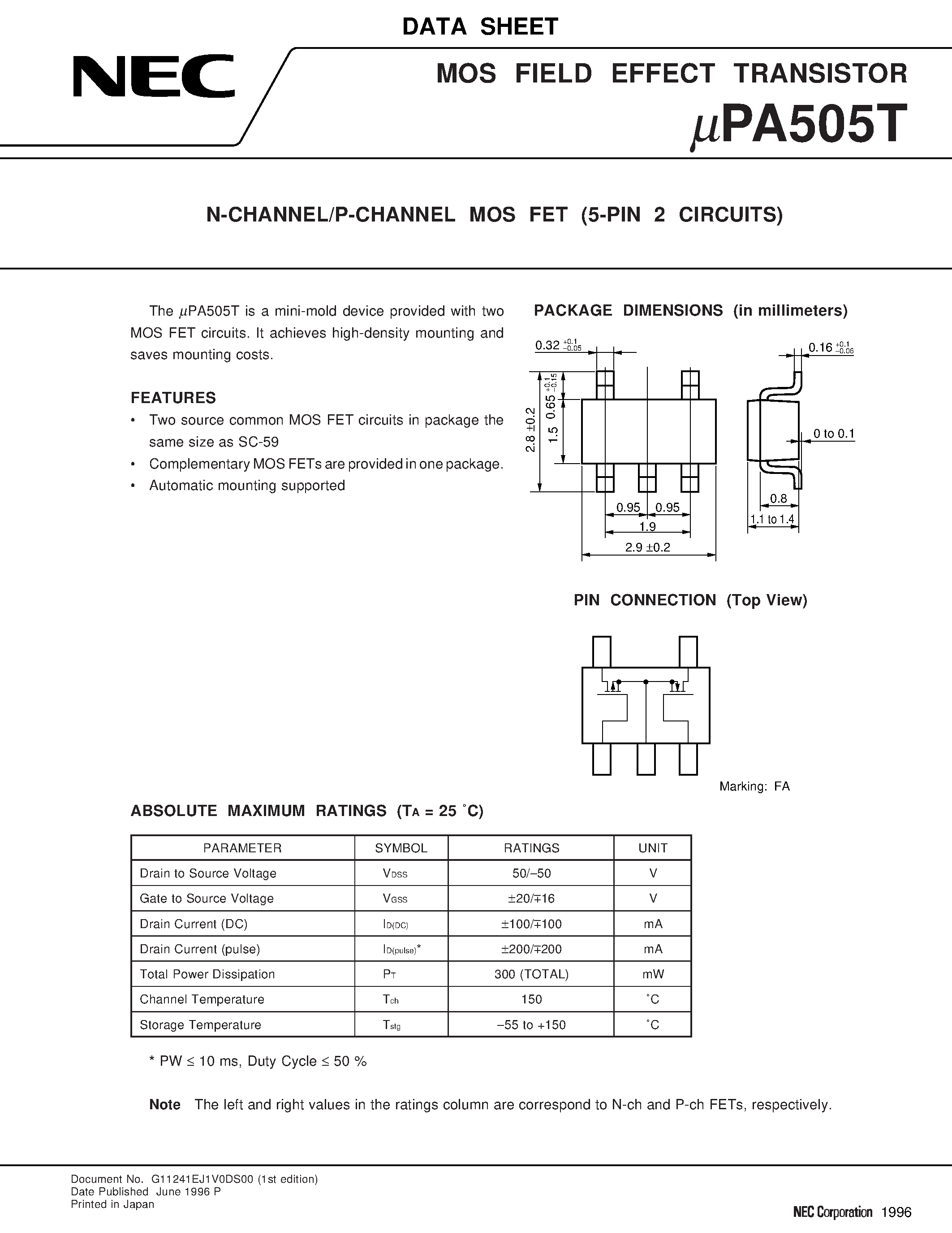 Даташит UPA505T - N-CHANNEL/P-CHANNEL MOS FET 5-PIN 2 CIRCUITS страница 1