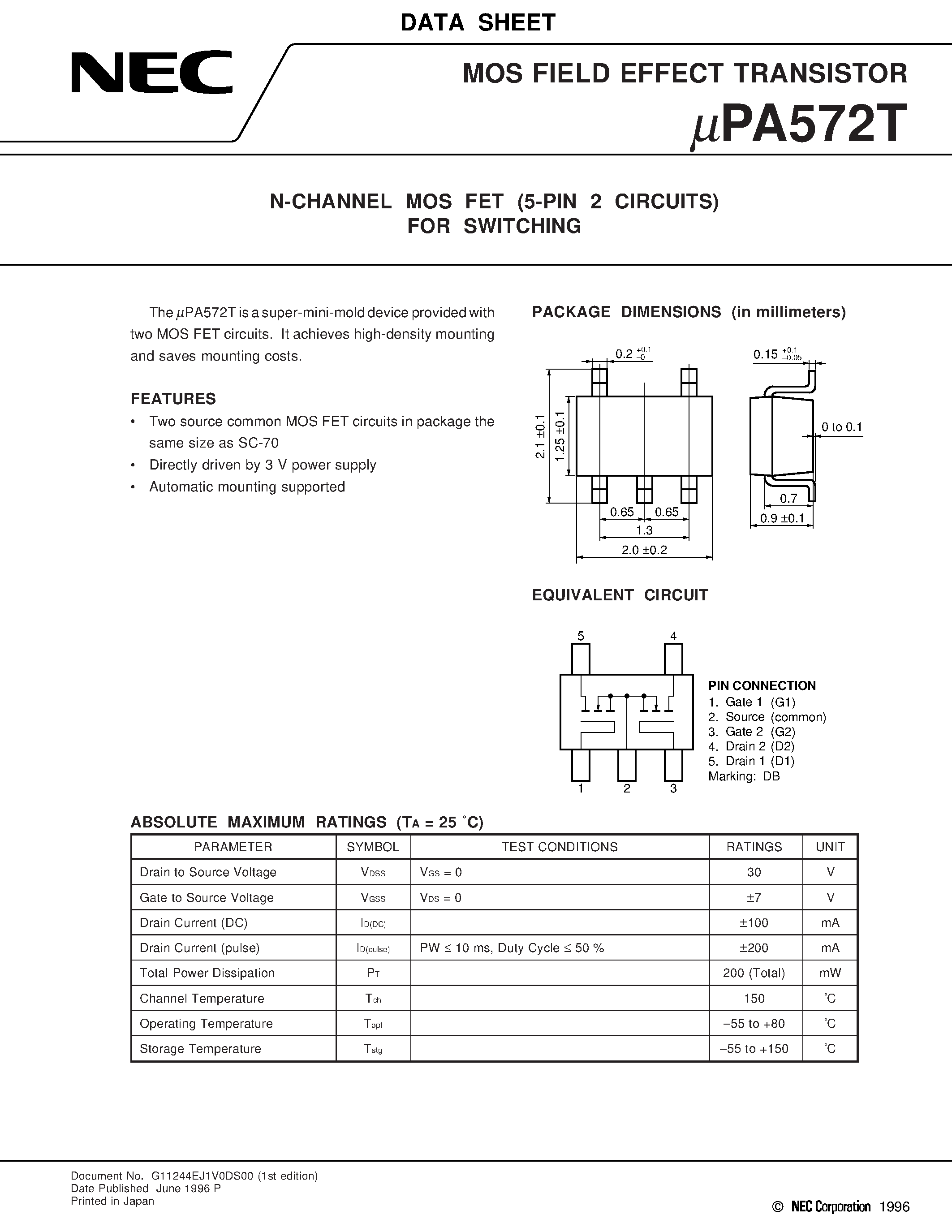 Даташит UPA572 - N-CHANNEL MOS FET 5-PIN 2 CIRCUITS FOR SWITCHING страница 1