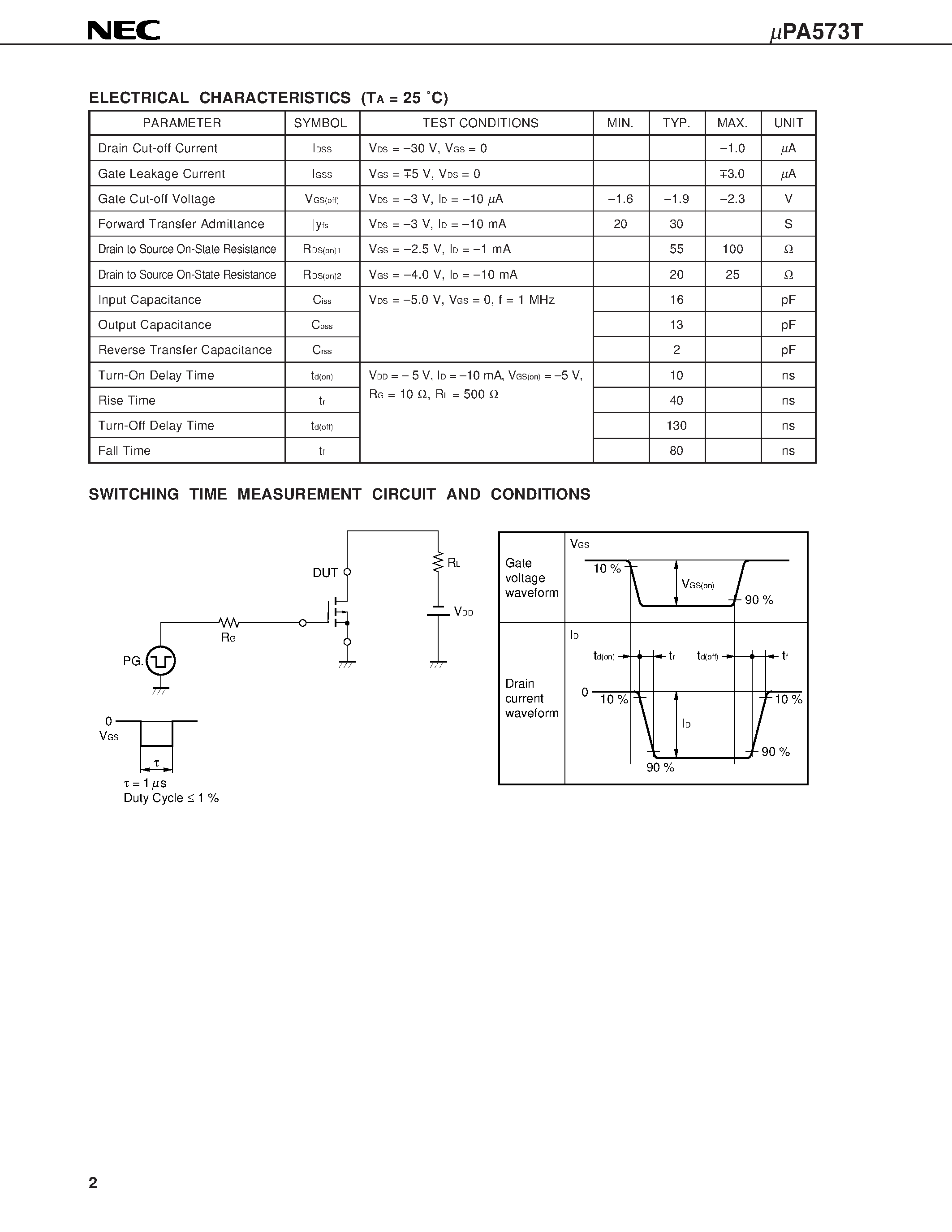 Даташит UPA573T - P-CHANNEL MOS FET 5-PIN 2 CIRCUITS FOR SWITCHING страница 2