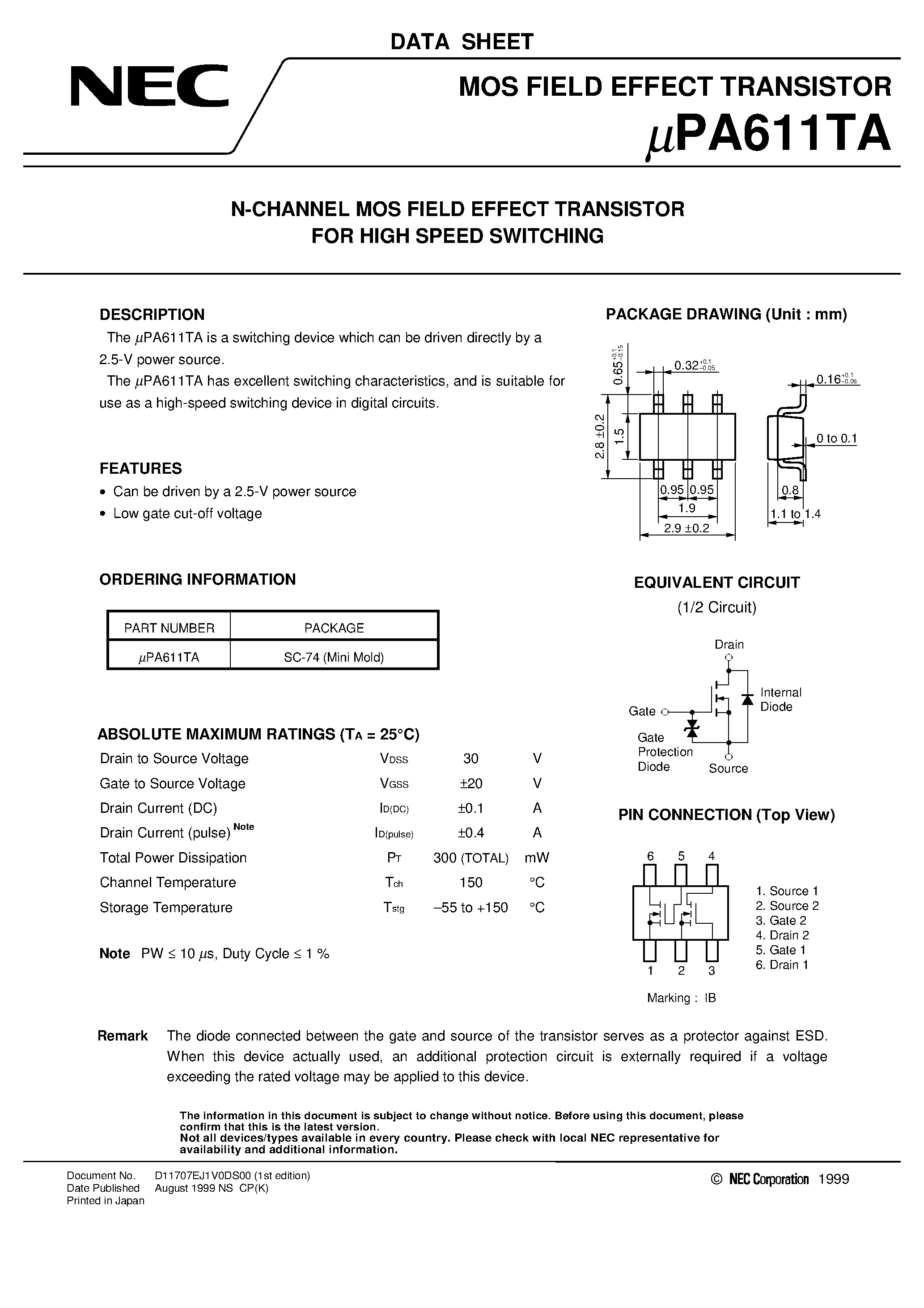 Даташит UPA611TA - N-CHANNEL MOS FIELD EFFECT TRANSISTOR FOR HIGH SPEED SWITCHING страница 1