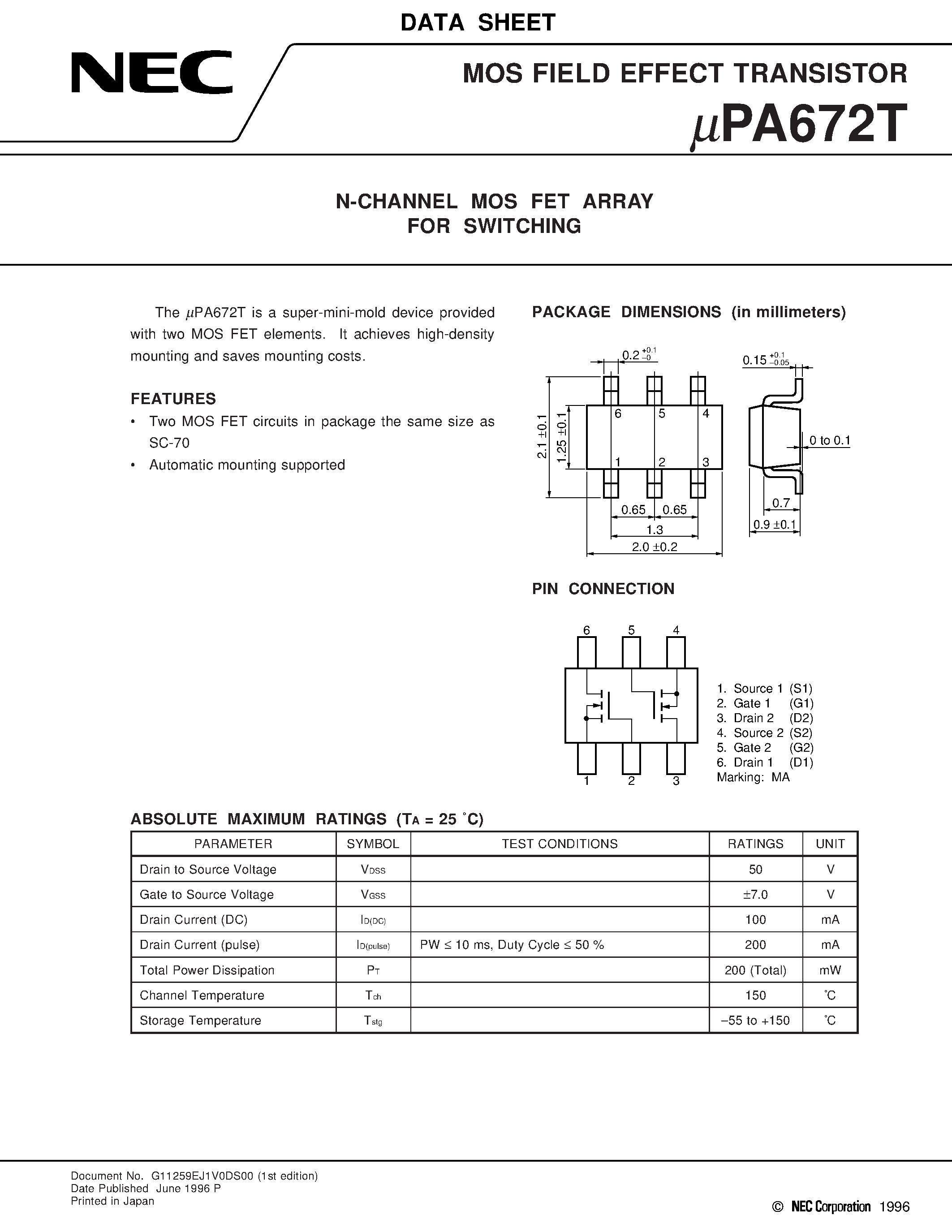 Даташит UPA672 - N-CHANNEL MOS FET ARRAY FOR SWITCHING страница 1