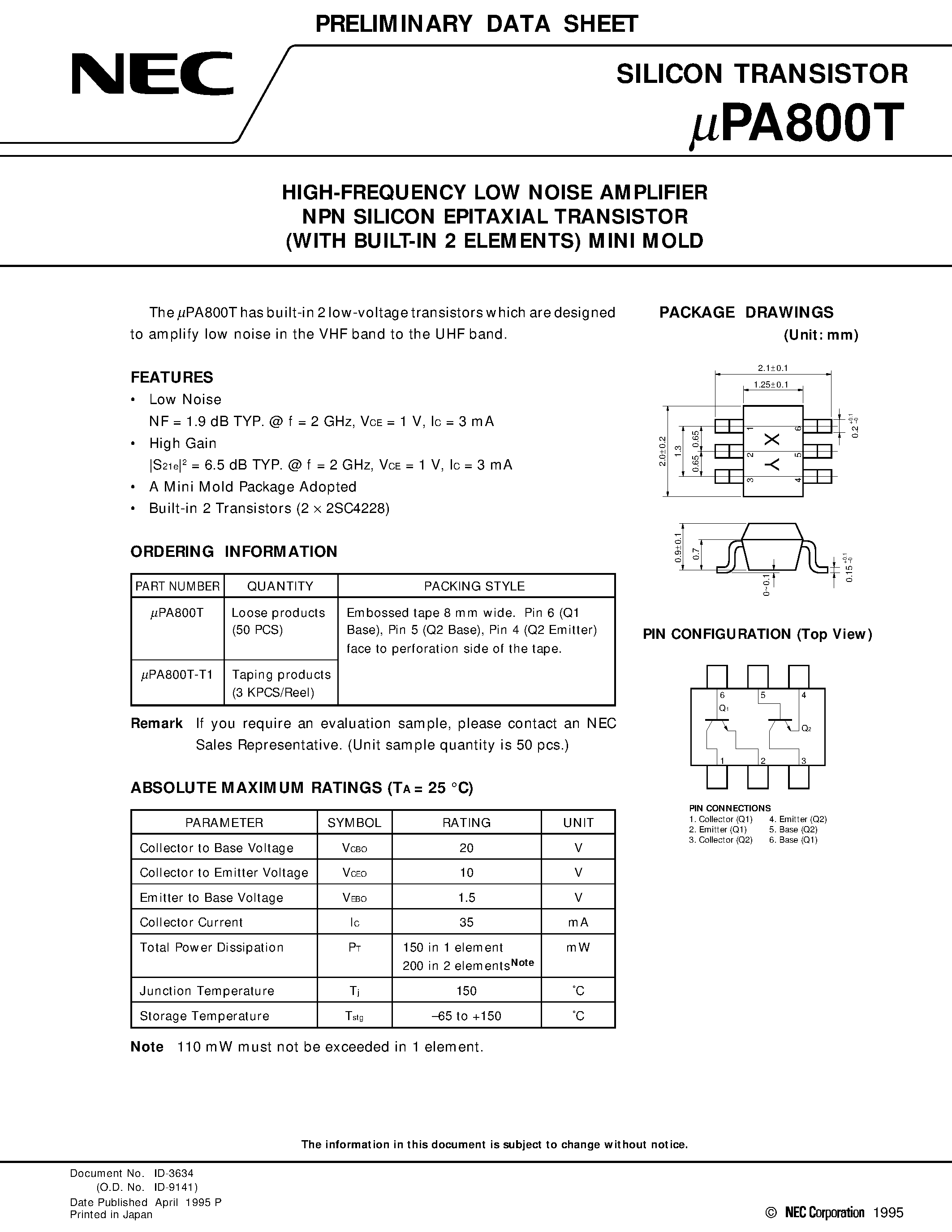 Даташит UPA800T - HIGH-FREQUENCY LOW NOISE AMPLIFIER NPN SILICON EPITAXIAL TRANSISTOR WITH BUILT-IN 2 ELEMENTS MINI MOLD страница 1