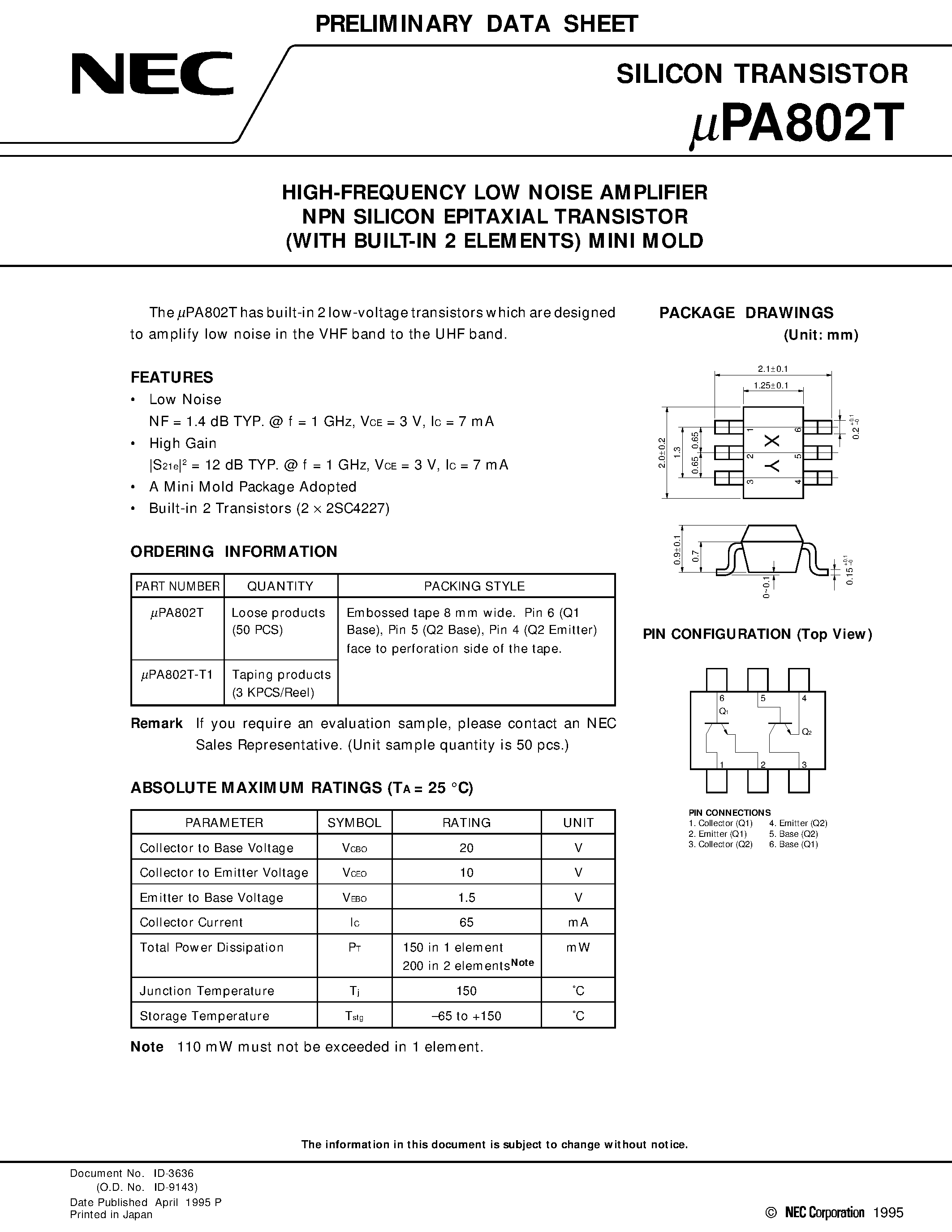 Datasheet UPA802T - HIGH-FREQUENCY LOW NOISE AMPLIFIER NPN SILICON EPITAXIAL TRANSISTOR WITH BUILT-IN 2 ELEMENTS MINI MOLD page 1