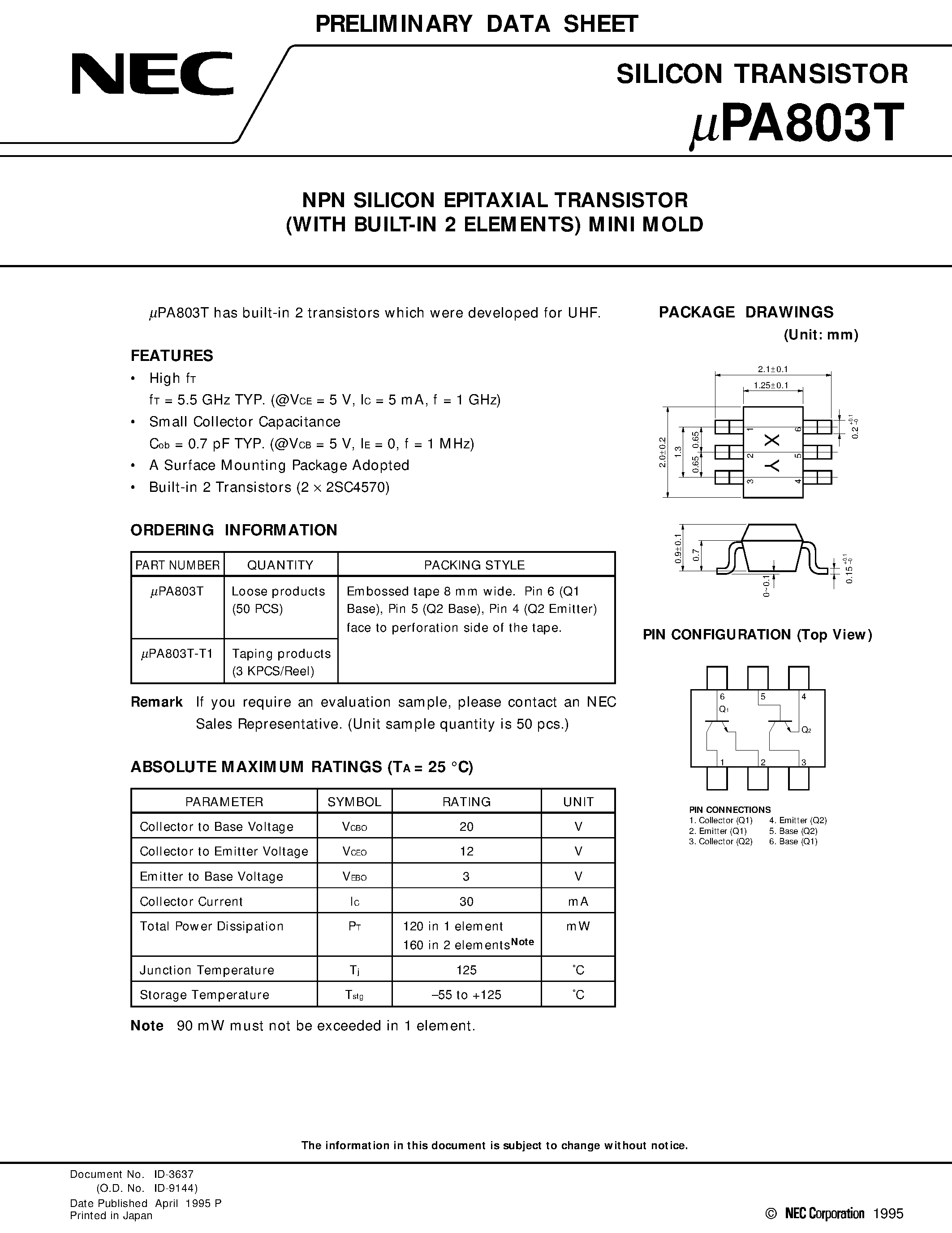 Даташит UPA803 - NPN SILICON EPITAXIAL TRANSISTOR WITH BUILT-IN 2 ELEMENTS MINI MOLD страница 1