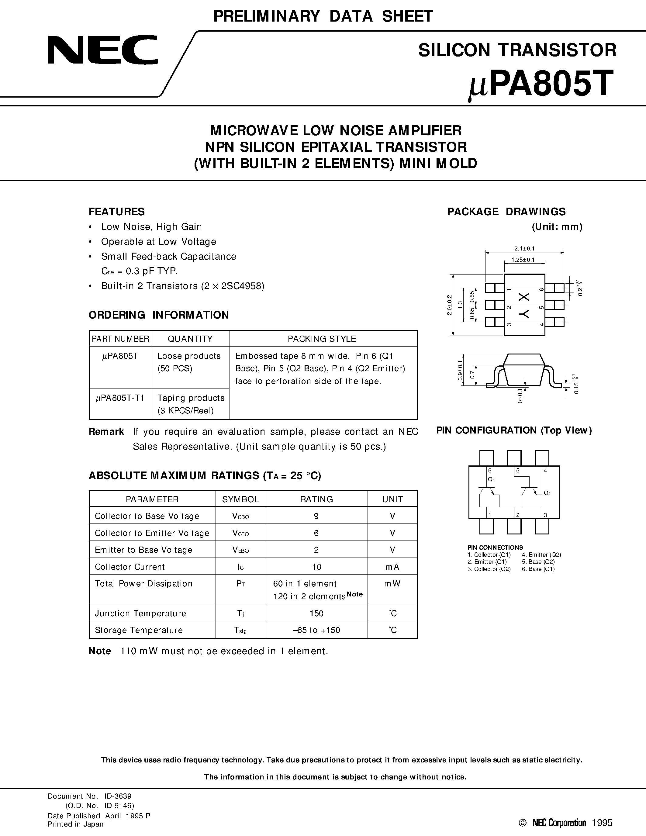 Даташит UPA805 - MICROWAVE LOW NOISE AMPLIFIER NPN SILICON EPITAXIAL TRANSISTOR WITH BUILT-IN 2 ELEMENTS MINI MOLD страница 1