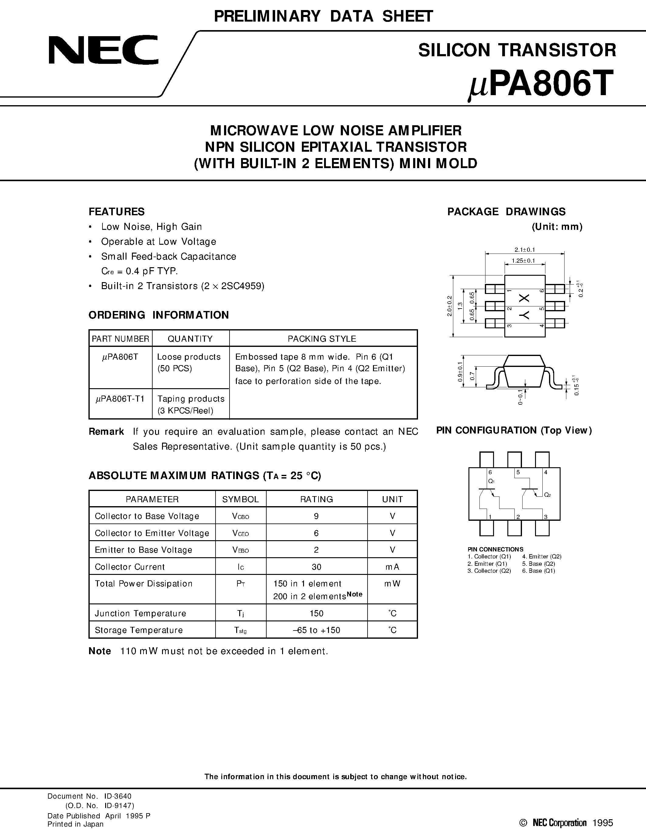 Даташит UPA806 - MICROWAVE LOW NOISE AMPLIFIER NPN SILICON EPITAXIAL TRANSISTOR WITH BUILT-IN 2 ELEMENTS MINI MOLD страница 1