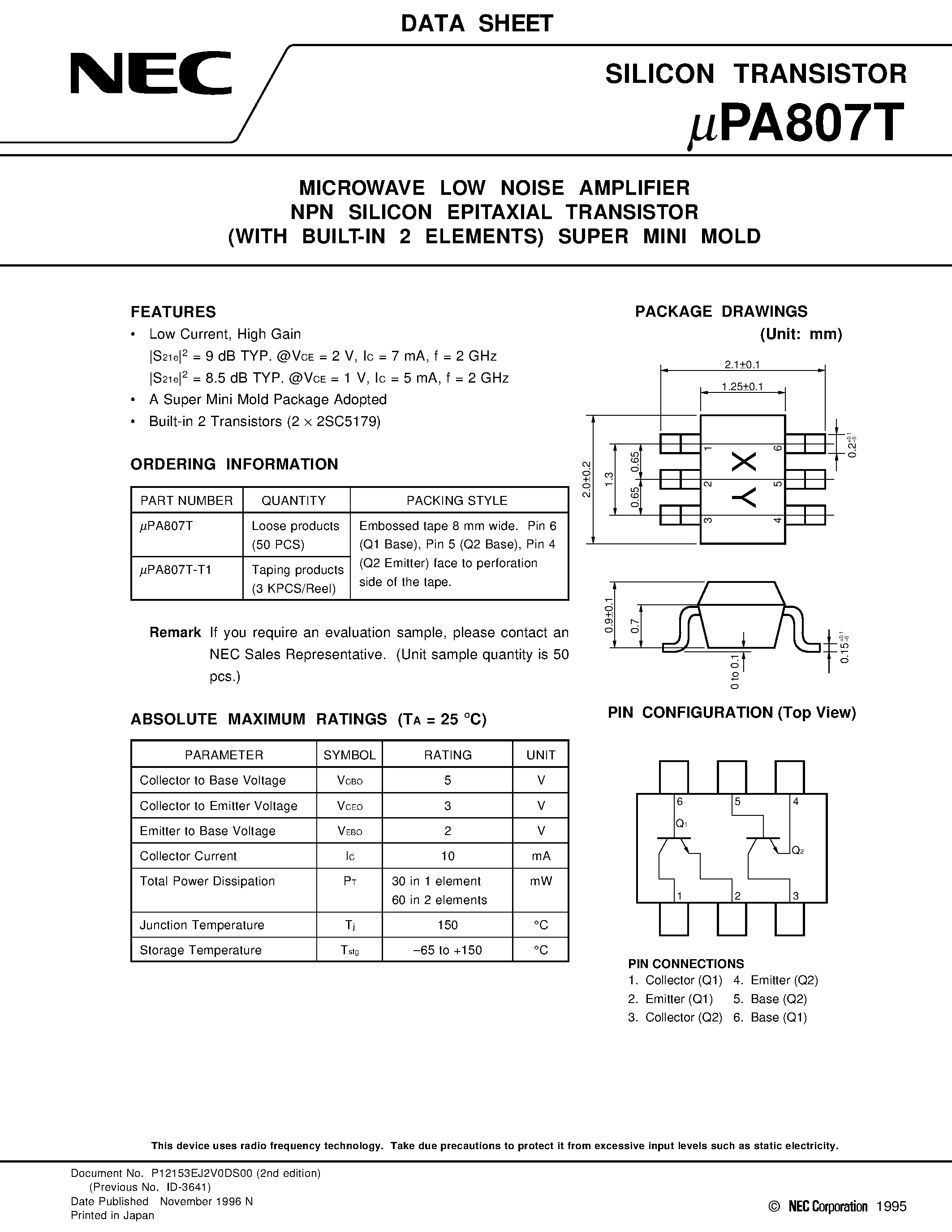 Даташит UPA807 - MICROWAVE LOW NOISE AMPLIFIER NPN SILICON EPITAXIAL TRANSISTOR WITH BUILT-IN 2 ELEMENTS SUPER MINI MOLD страница 1