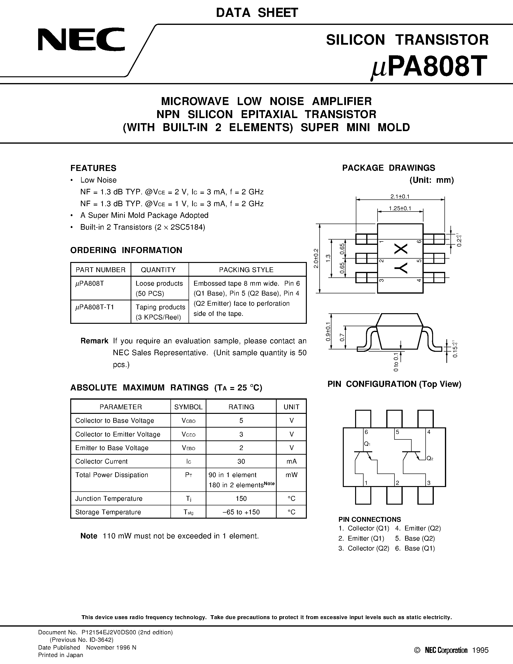 Даташит UPA808 - MICROWAVE LOW NOISE AMPLIFIER NPN SILICON EPITAXIAL TRANSISTOR WITH BUILT-IN 2 ELEMENTS SUPER MINI MOLD страница 1