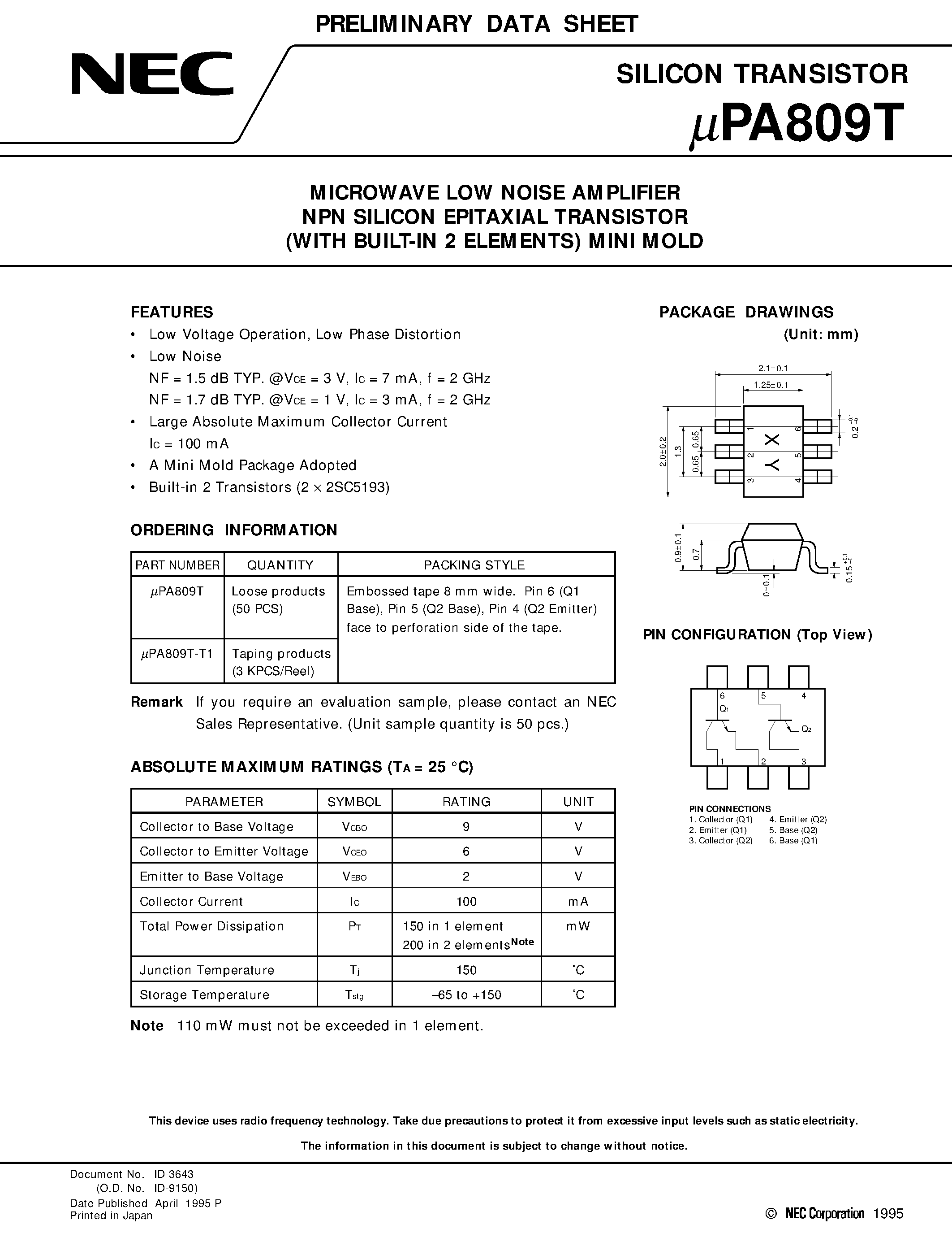 Даташит UPA809 - MICROWAVE LOW NOISE AMPLIFIER NPN SILICON EPITAXIAL TRANSISTOR WITH BUILT-IN 2 ELEMENTS MINI MOLD страница 1