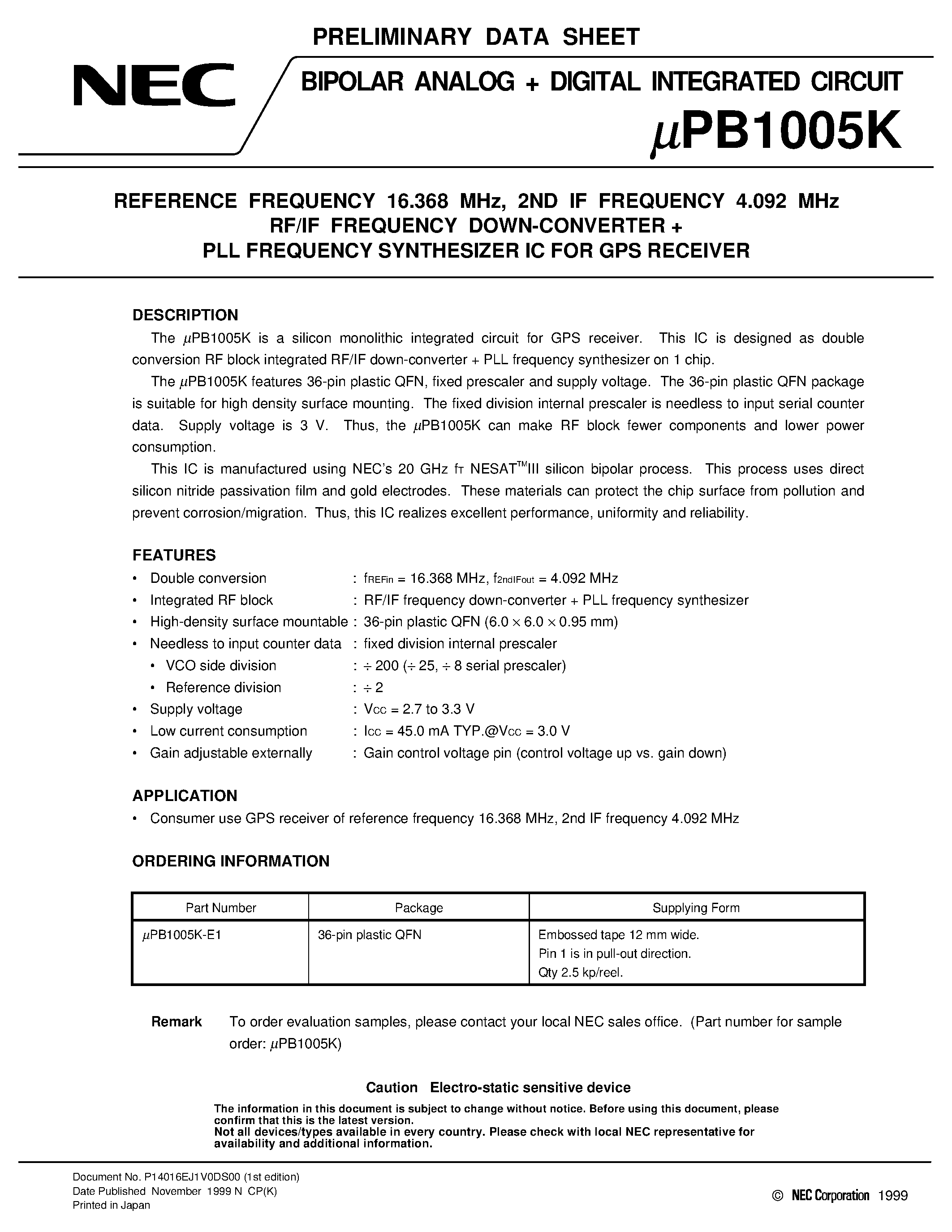 Datasheet UPB1003GS - REFERENCE FREQUENCY 16.368 MHz/ 2ND IF FREQUENCY 4.092 MHz RF/IF FREQUENCY DOWN-CONVERTER PLL FREQUENCY SYNTHESIZER IC FOR GPS RECEIVER page 1