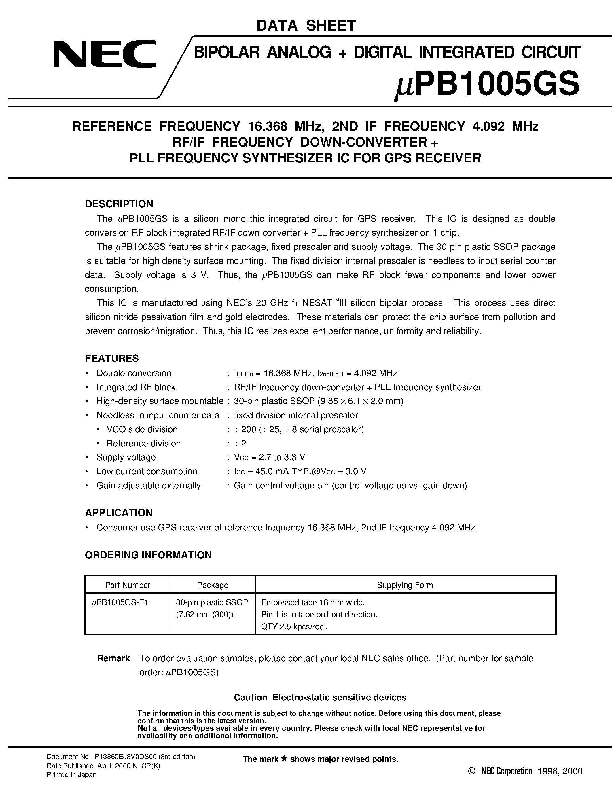 Datasheet UPB1005GS - REFERENCE FREQUENCY 16.368 MHz/ 2ND IF FREQUENCY 4.092 MHz RF/IF FREQUENCY DOWN-CONVERTER PLL FREQUENCY SYNTHESIZER IC FOR GPS RECEIVER page 1