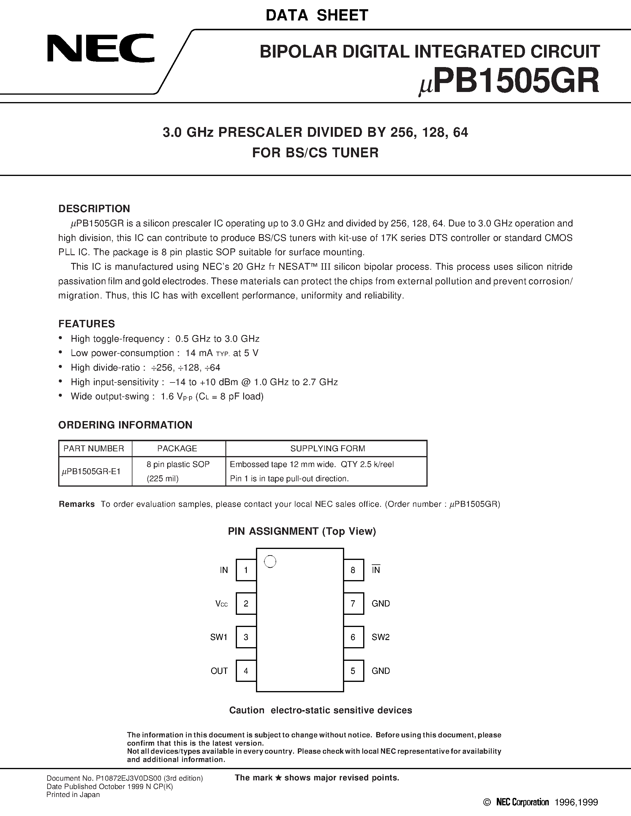 Datasheet UPB1505 - 3.0 GHz PRESCALER DIVIDED BY 256/ 128/ 64 FOR BS/CS TUNER page 1