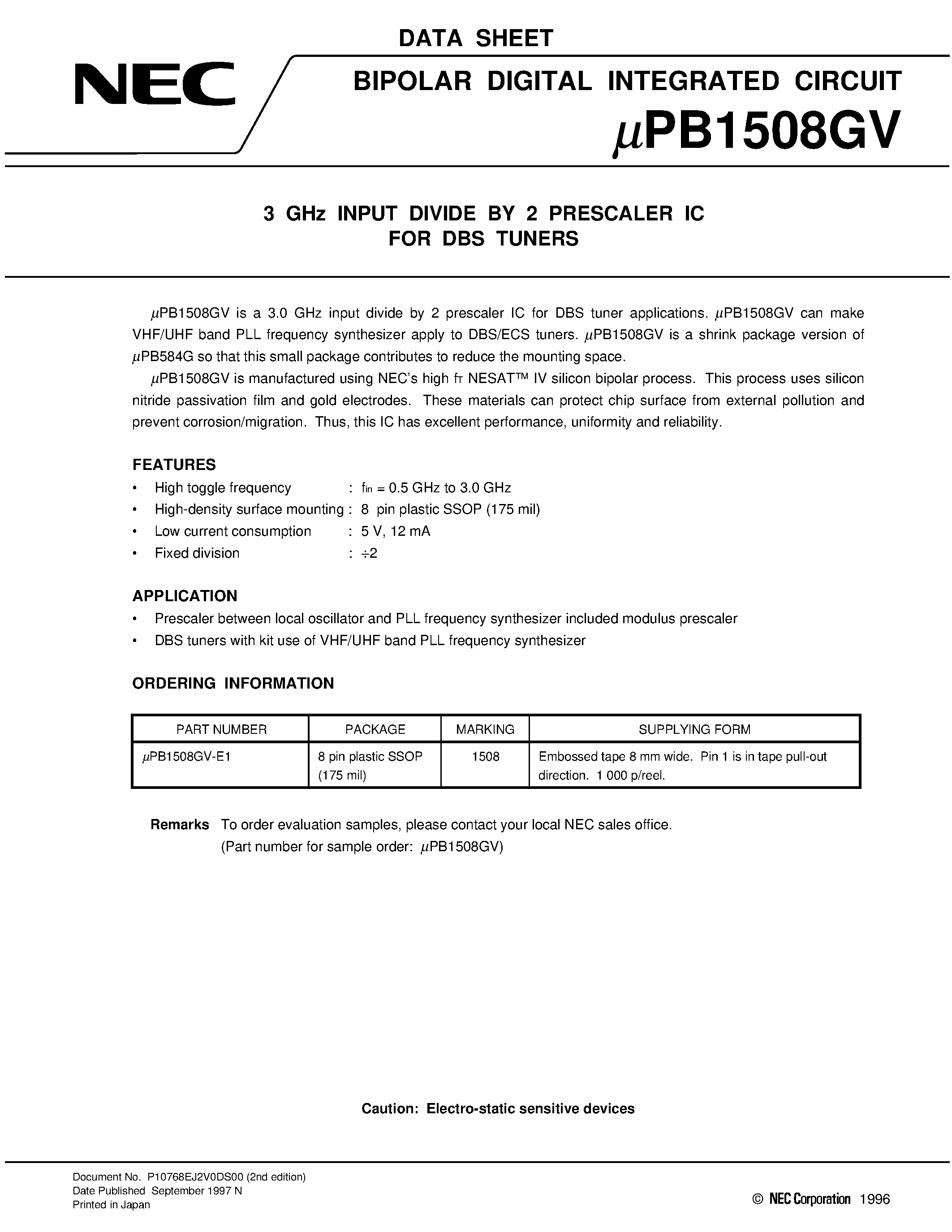 Даташит UPB1508GV - 3 GHz INPUT DIVIDE BY 2 PRESCALER IC FOR DBS TUNERS страница 1