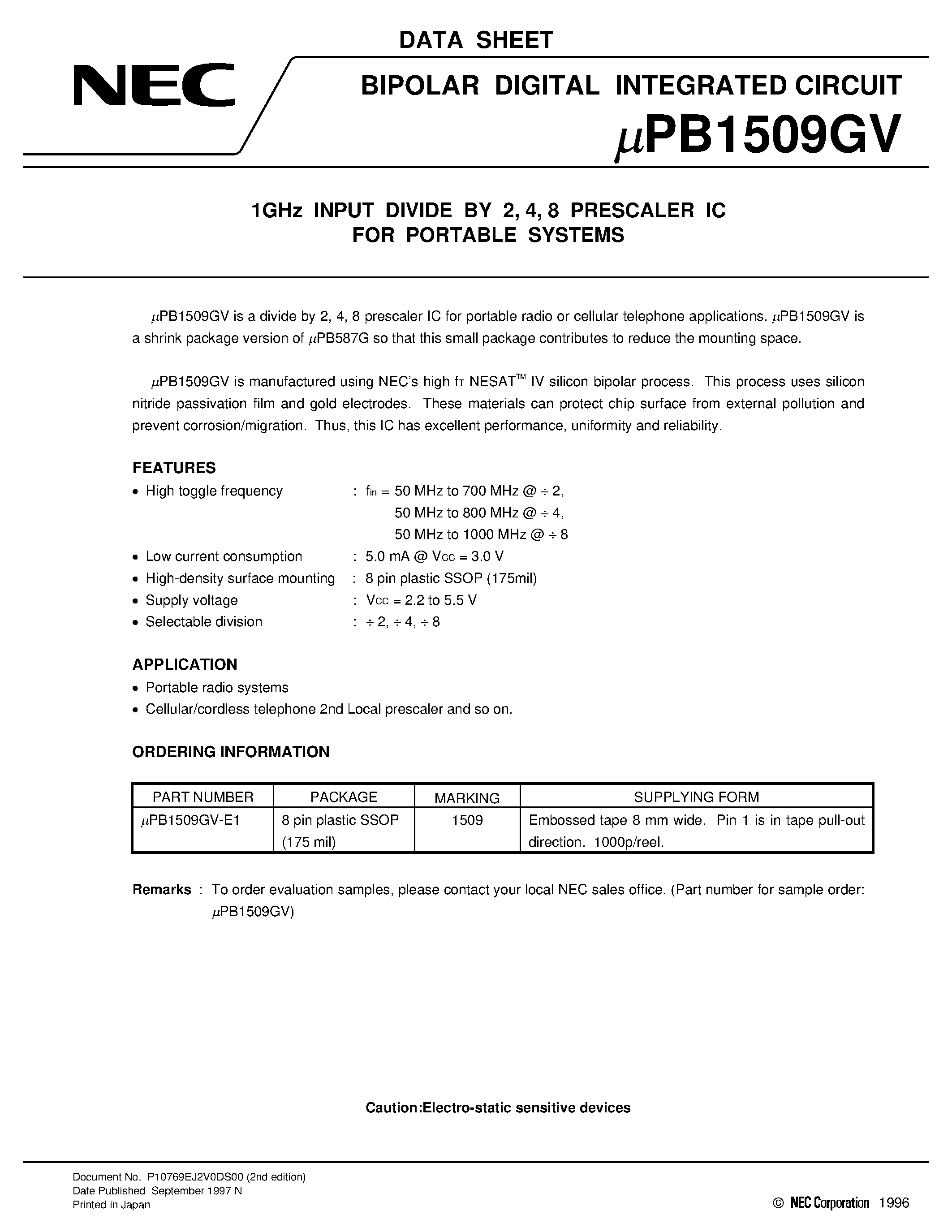 Даташит UPB1509GV - 800 MHz INPUT DIVIDE BY 2/ 4 PRESCALER IC FOR PORTABLE SYSTEMS страница 1