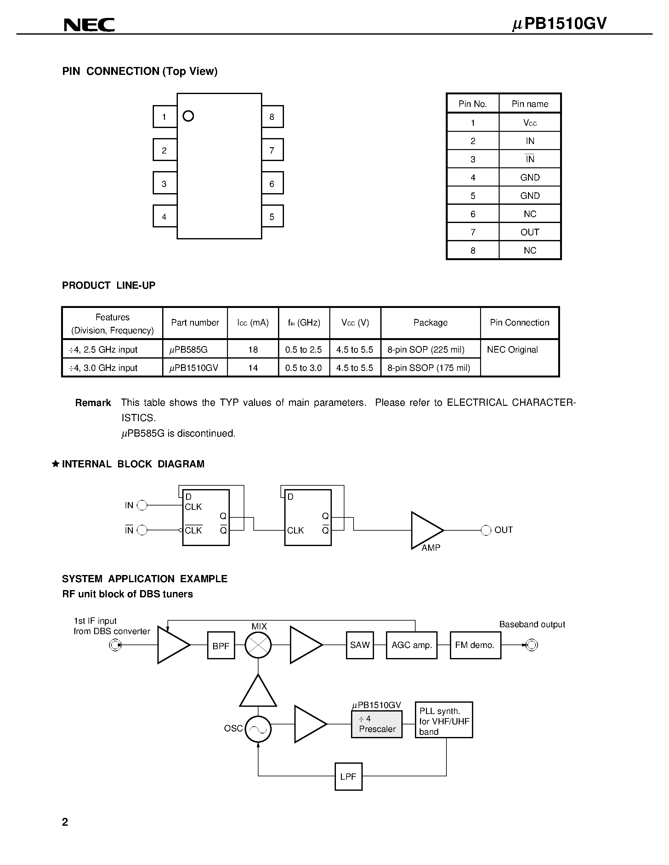 Datasheet UPB1510 - 3 GHz INPUT DIVIDE BY 4 PRESCALER IC FOR DBS TUNERS page 2