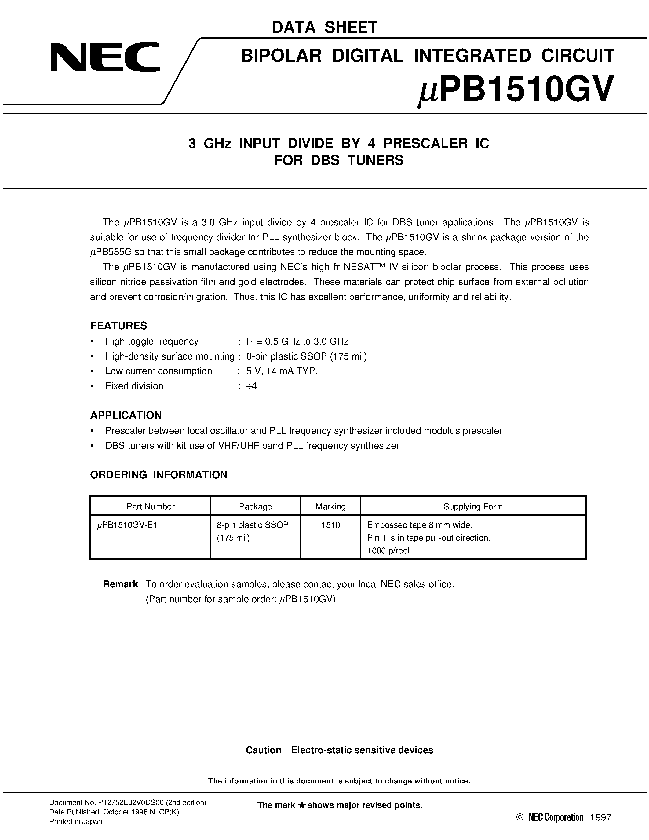 Datasheet UPB1510GV - 3 GHz INPUT DIVIDE BY 4 PRESCALER IC FOR DBS TUNERS page 1