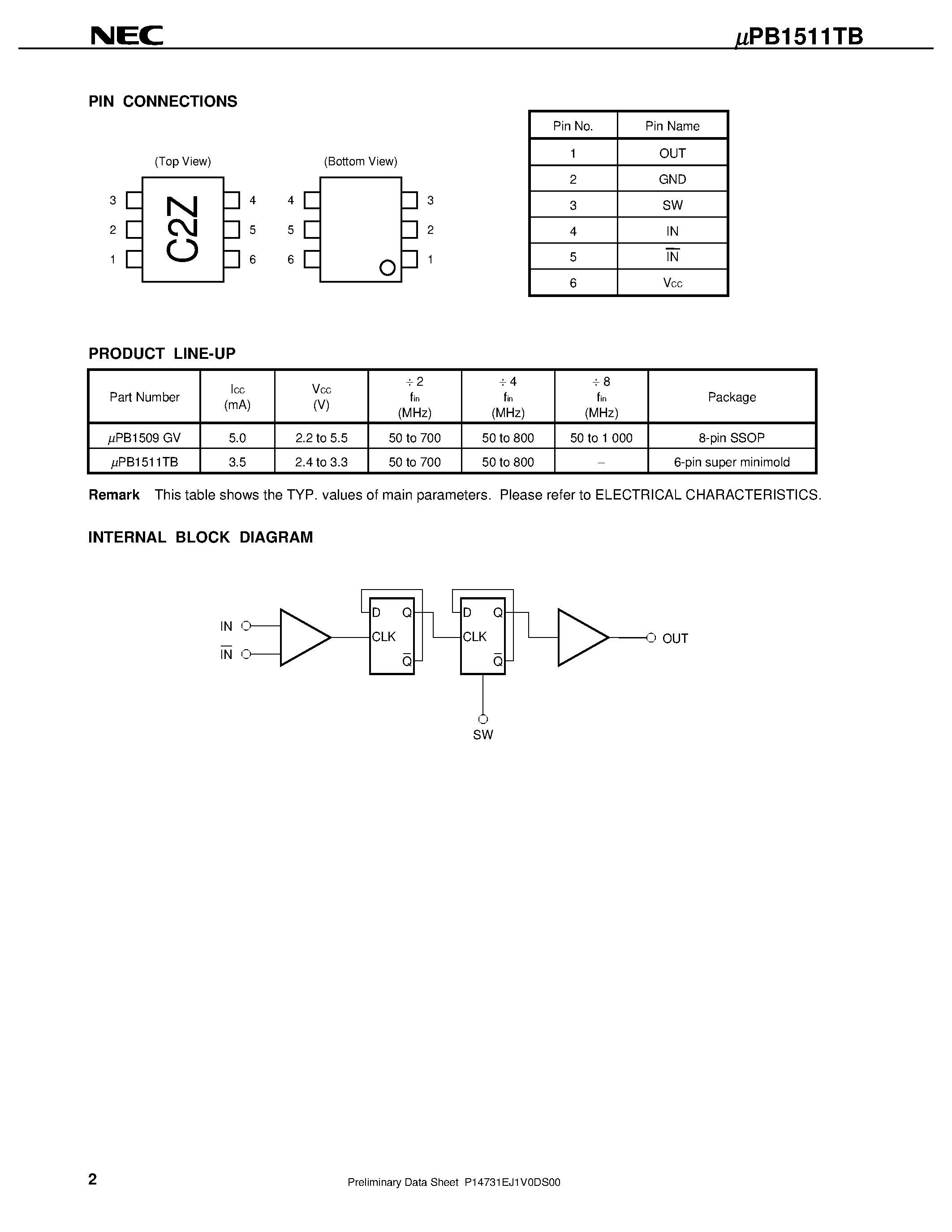 Даташит UPB1511TB - 800 MHz INPUT DIVIDE BY 2/ 4 PRESCALER IC FOR PORTABLE SYSTEMS страница 2