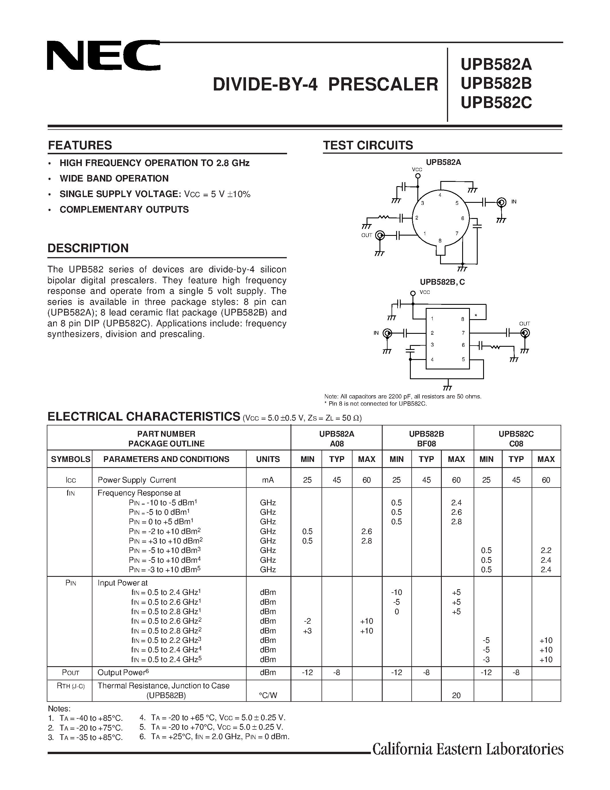 Datasheet UPB582 - DIVIDE-BY-4 PRESCALER page 1